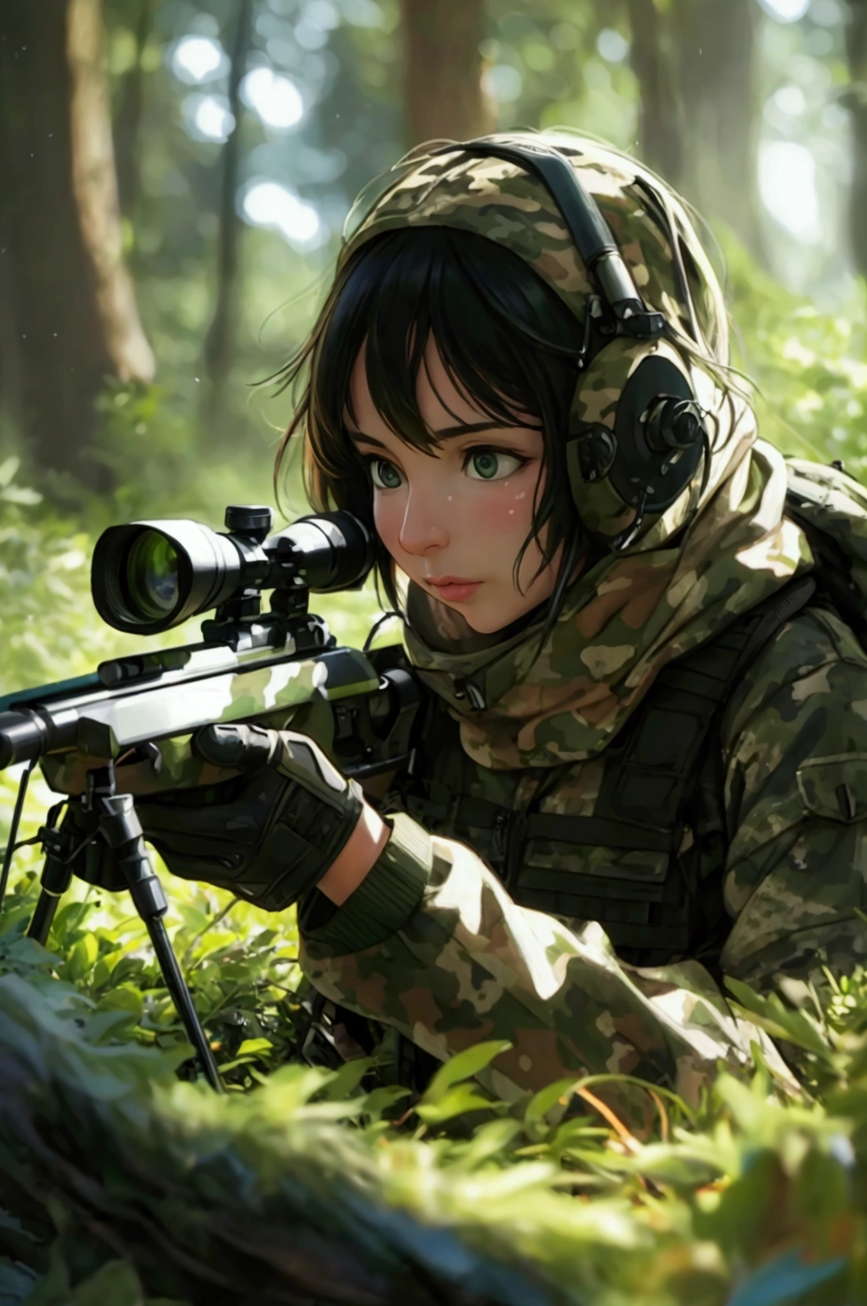 (best quality,4k,8k,highres,masterpiece:1.2),ultra-detailed,(realistic,photorealistic,photo-realistic:1.37),sniper,scope,hidden position,forest background,camouflage suit,focused eyes,precise aim,quiet environment,sniper rifle,military gear,tactical gloves,distant target,shadows in strong sunlight,tense atmosphere,detailed textures,high definition picture
Negative Prompt: