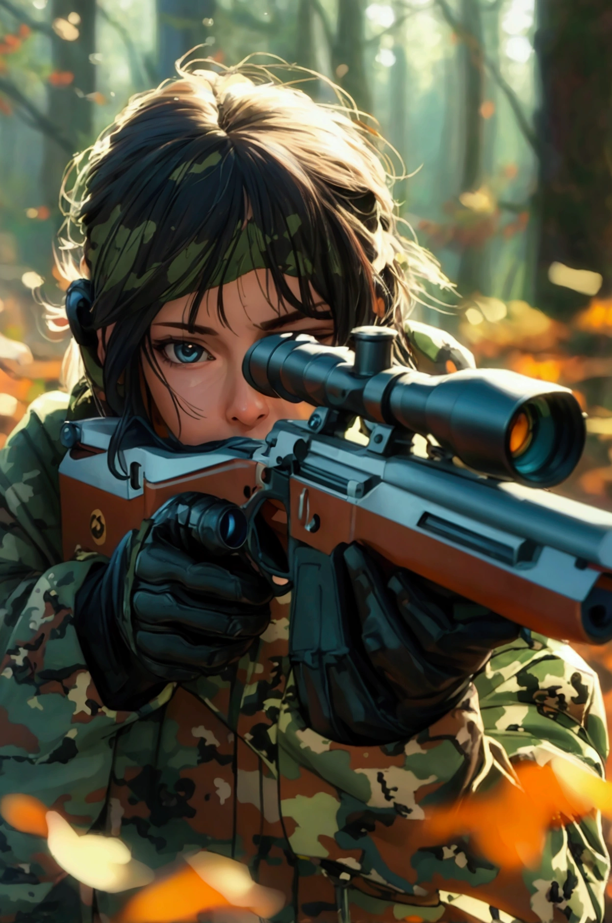 (best quality,4k,8k,highres,masterpiece:1.2),ultra-detailed,(realistic,photorealistic,photo-realistic:1.37),sniper,scope,hidden position,forest background,camouflage suit,focused eyes,precise aim,quiet environment,sniper rifle,military gear,tactical gloves,distant target,shadows in strong sunlight,tense atmosphere,detailed textures,high definition picture
Negative Prompt: