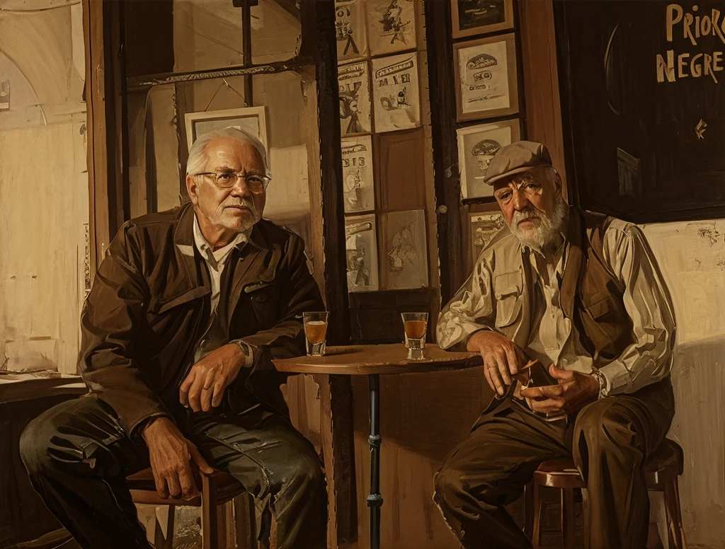 Oil painting of two old men sitting ((best work of art)) ((two elderly men)) (old bar atmosphere)) bar table, whiskey shots, Brown hair, modern, current white background, Nick Alm, by Andrea Pozzo, Jeremy Lipking, range murata Jeremy Lipking, by Carlo Mense, inspired by Enrique Simonet, sargento marshénnikov, by Michael Ford, krenzcushart, Jeremy Lipking full length shot, by Josep Rovira Sole