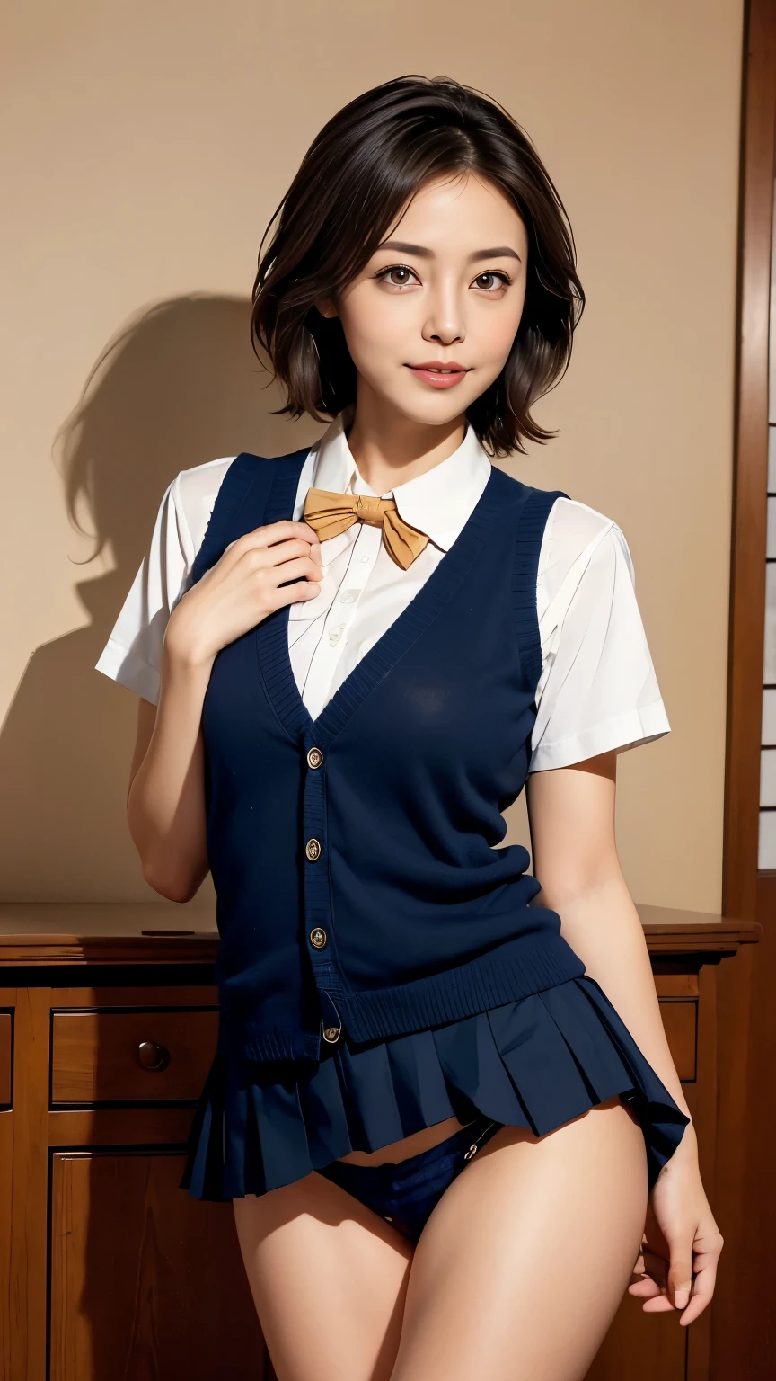 (masterpiece:1.2, Highest quality), (Realistic, photoRealistic:1.4), Beautiful illustrations, (Natural Side Lighting, Cinema Lighting), Written boundary depth,
Looking at the audience, Front view, 1 girl, Japanese, 43 years old, Perfect Face, Symmetrical cute face, Glowing Skin, Leg spread,
(Bob Hair:1.7,blonde), Asymmetrical bangs, Big eyes, Droopy eyes, long eyelashes chest), thin,
Beautiful Hair, Beautiful Face, Beautiful and beautiful eyes, Beautiful clavicle, Beautiful body, Beautiful breasts, Beautiful thighs, Beautiful legs, Beautiful fingers,
((Quality fabric texture, Brown knitted vest, Short sleeve white collar shirt, Navy Pleated Skirt, Navy bow tie)),
(Beautiful views), evening, (Inside the flower shop), Are standing, (smile, Superior, Open your mouth), ((Skirt Lift)), ((Micro Panties, Genitals are visible)), Full Body Shot, Dark blue socks, Sexy Face, Inverted nipples,