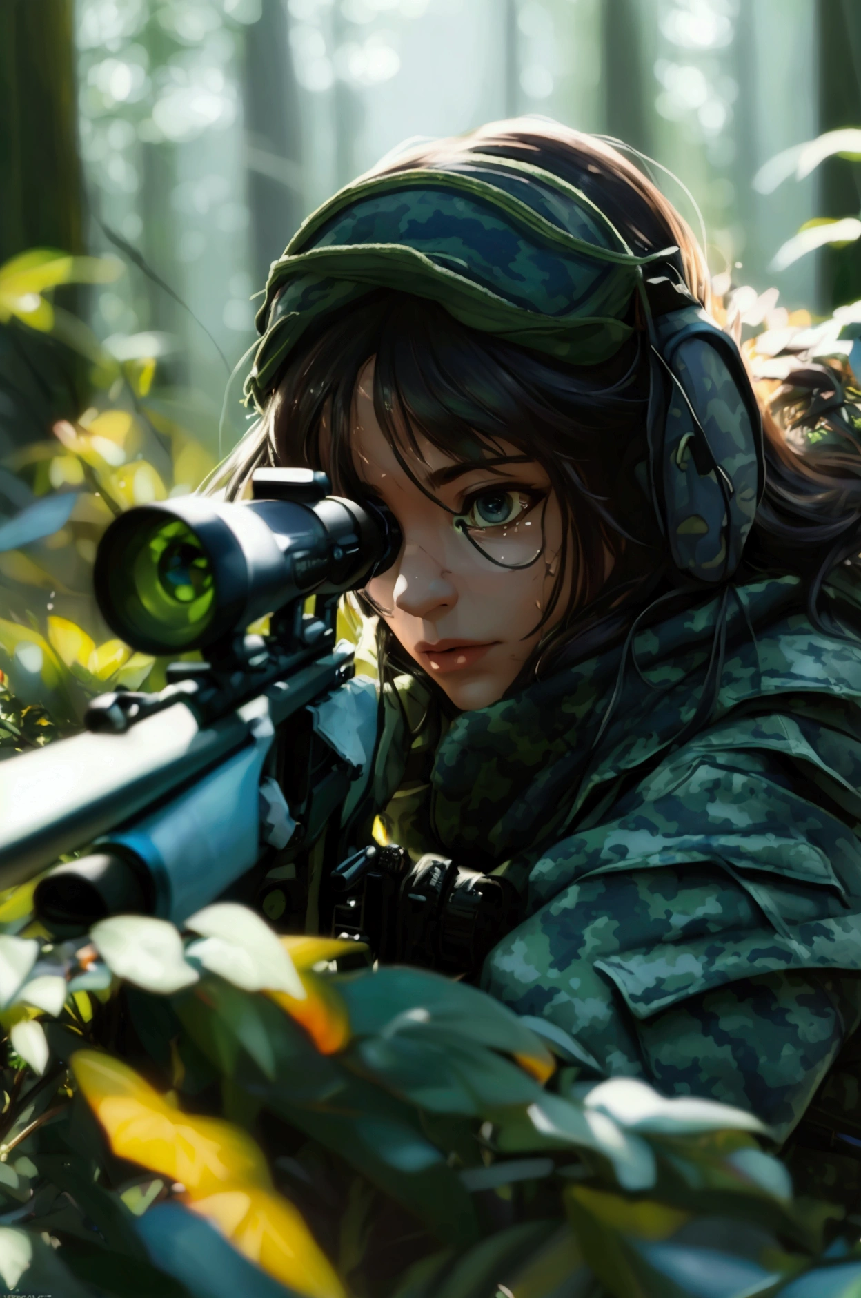 (best quality,4k,8k,highres,masterpiece:1.2),ultra-detailed,(realistic,photorealistic,photo-realistic:1.37),sniper,scope,hidden position,forest background,camouflage suit,focused eyes,precise aim,quiet environment,sniper rifle,military gear,tactical gloves,distant target,shadows in strong sunlight,tense atmosphere,detailed textures,high definition picture