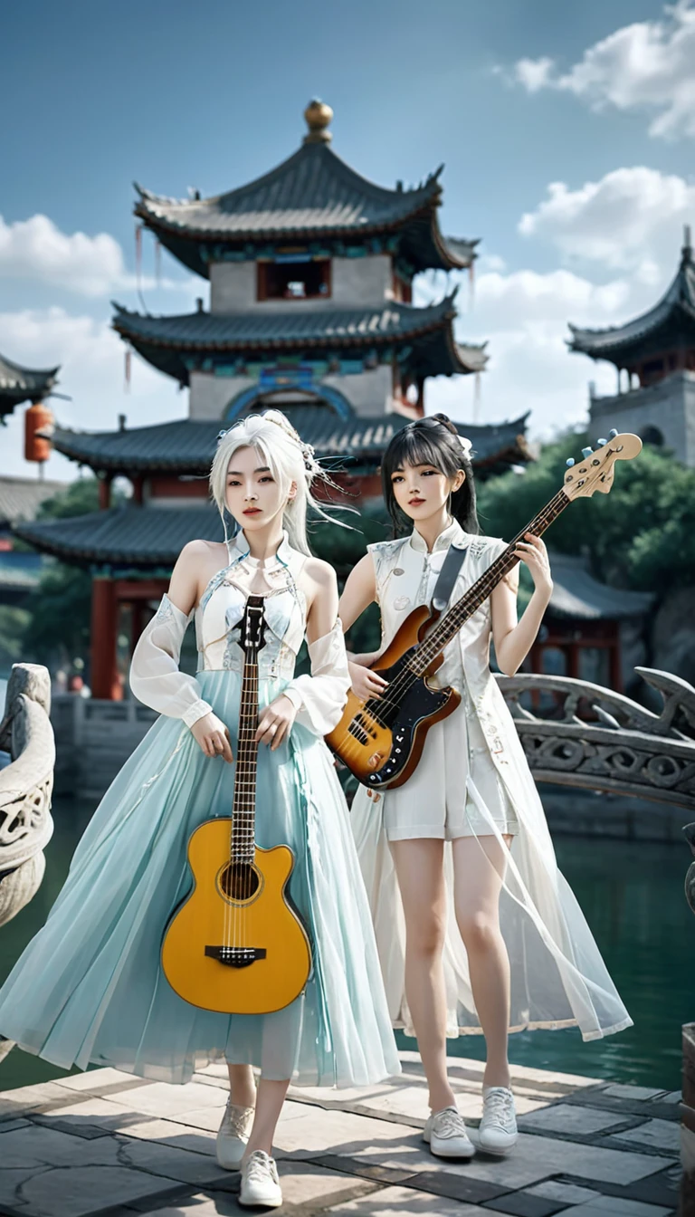 Two girls, A girl holding a guitar, A girl holding a bass, White hair, xianxia fantasy, CG social popularity, Chinese Tower, Foreground floats, Messy hair, Motion Blur, light, Blurred foreground, Movement Line, High Detail, 16K, high resolution, Textured Skin, Super Detail