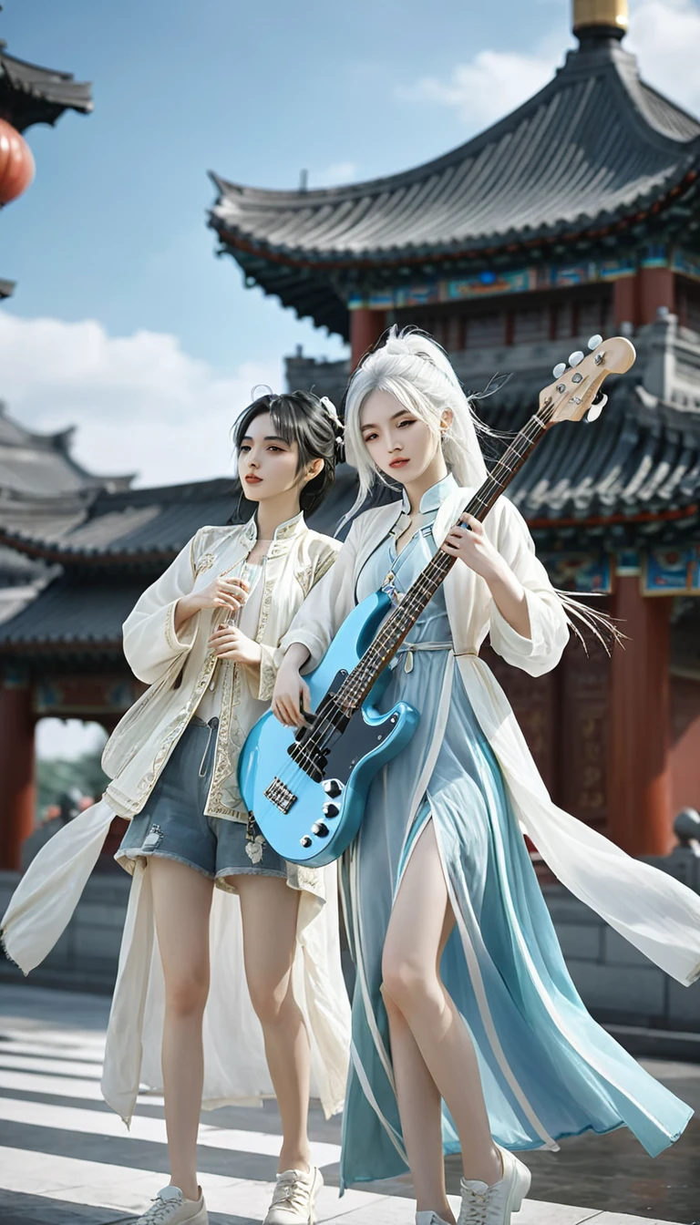 Two girls, A girl holding a guitar, A girl holding a bass, White hair, xianxia fantasy, CG social popularity, Chinese Tower, Foreground floats, Messy hair, Motion Blur, light, Blurred foreground, Movement Line, High Detail, 16K, high resolution, Textured Skin, Super Detail