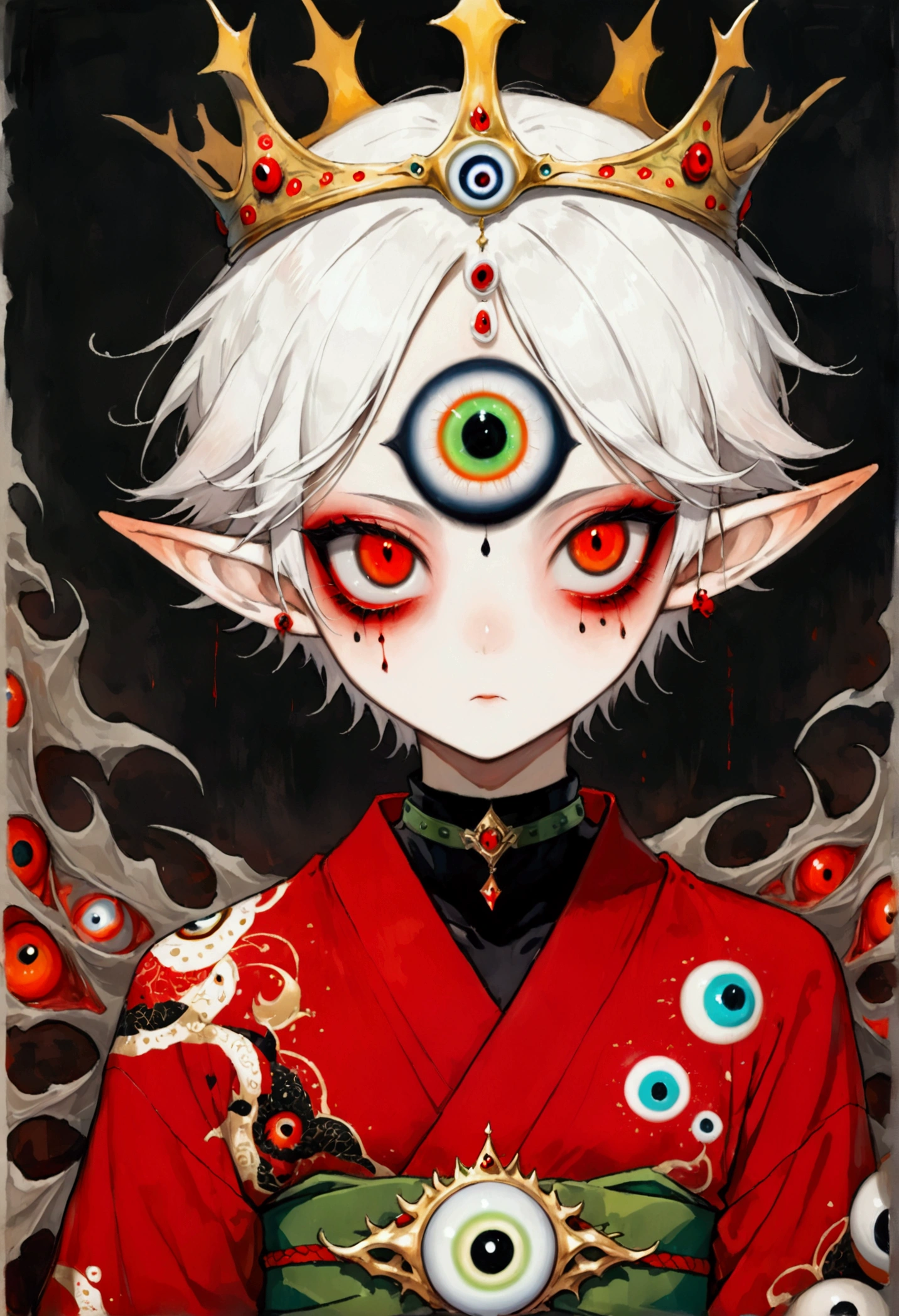 Japanese Anime,Second Dimension,Horror style,horror character,(((Three-eyed boy,third eye on the forehead:1.1.Dark eyeshadow,White short hair,Elf ears,Exaggerated golden crown-eyeball decoration))),(((Gorgeous Japanese red kimono,Eye pattern,Dark Pattern))).(((Thin waist,Green belt:1.6))).(style of santiago caruso,Tattoo on the neck),Ink smudged black background blur