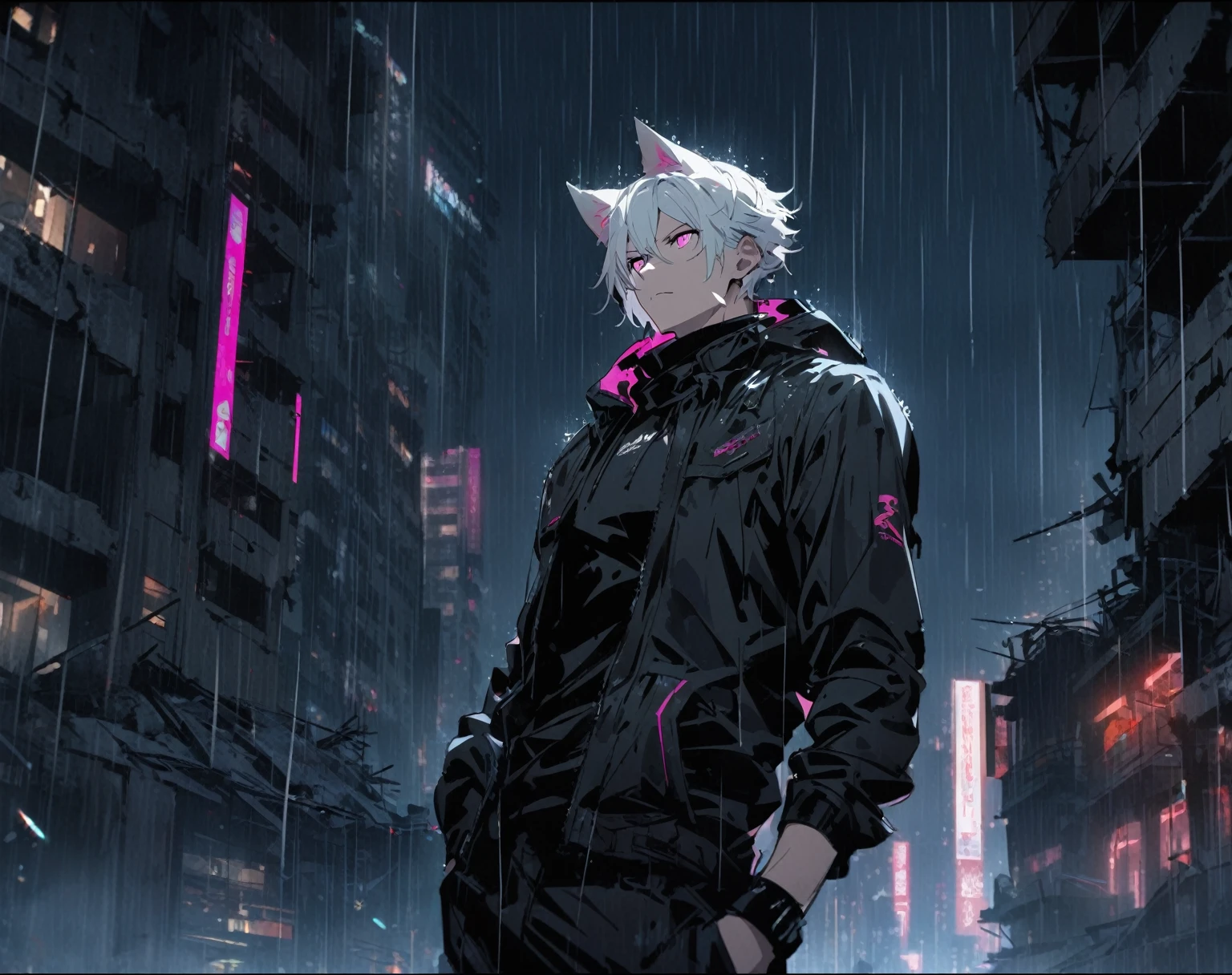 1 men, short white hair, pink eyes, Kitten ears, Wearing a black casual outfit, wearing gloves, slightly muscular body, at night, raining, front view, Top of a destroyed building, Hand in pockets, 4K, bright coloured, tall quality