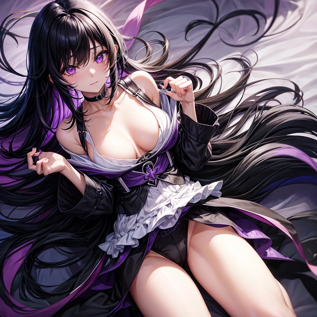 アニメ ( Bblack hair, black leagwear, purples eyes ) Scenario ( Florest dark )