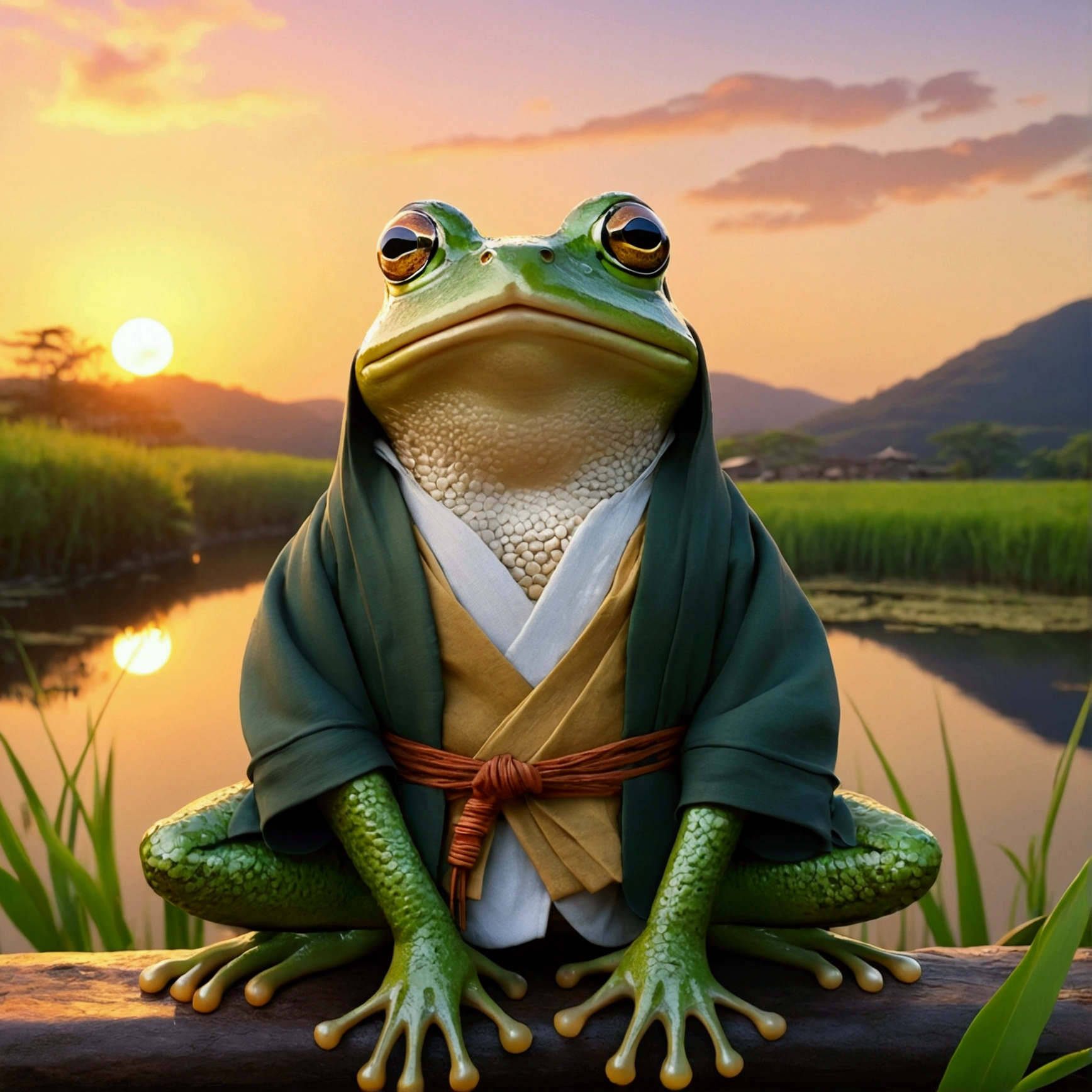 Studio Ghibli style. Frog wearing clothes from feudal Japan. ao por do sol