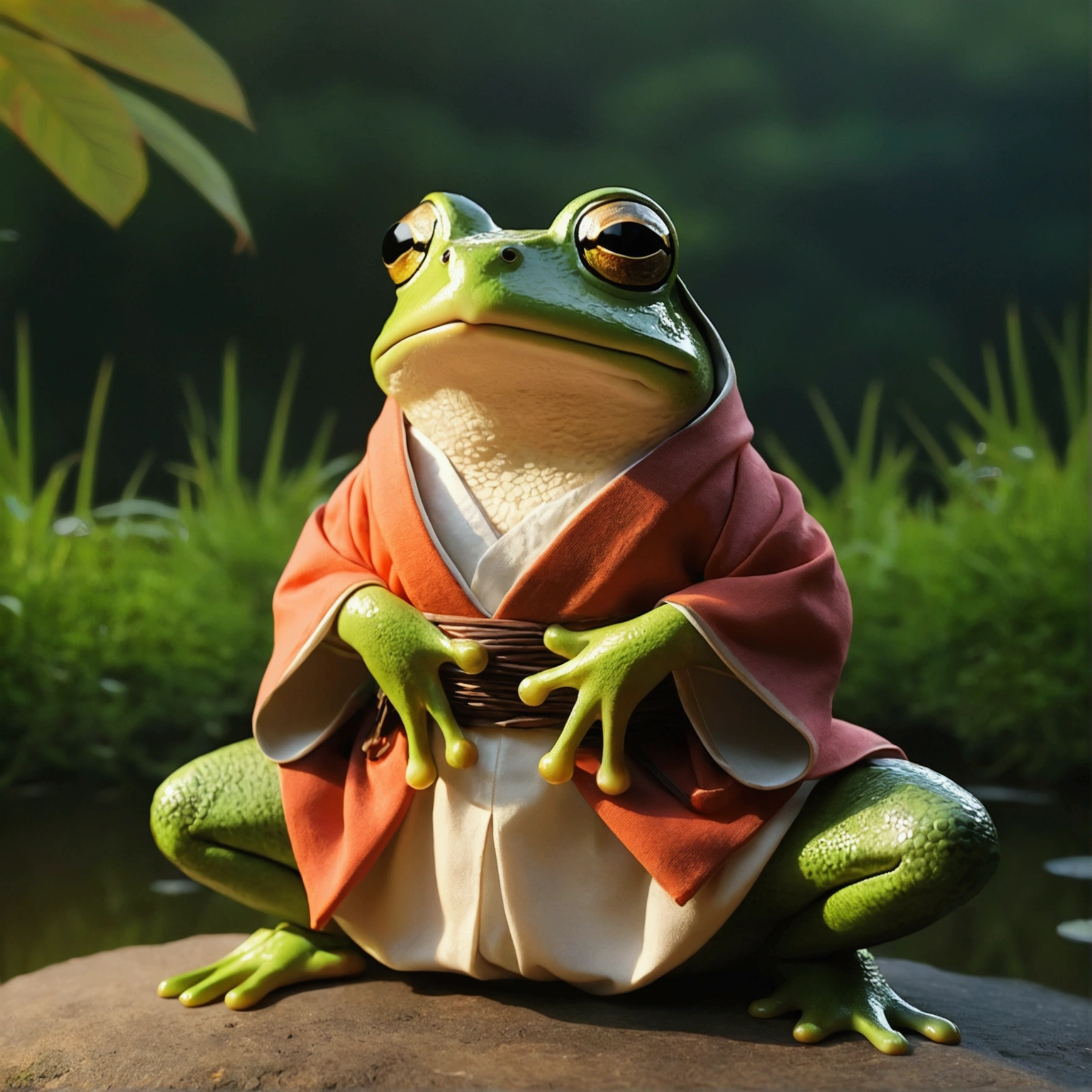 Studio Ghibli style. Frog wearing clothes from feudal Japan. ao por do sol