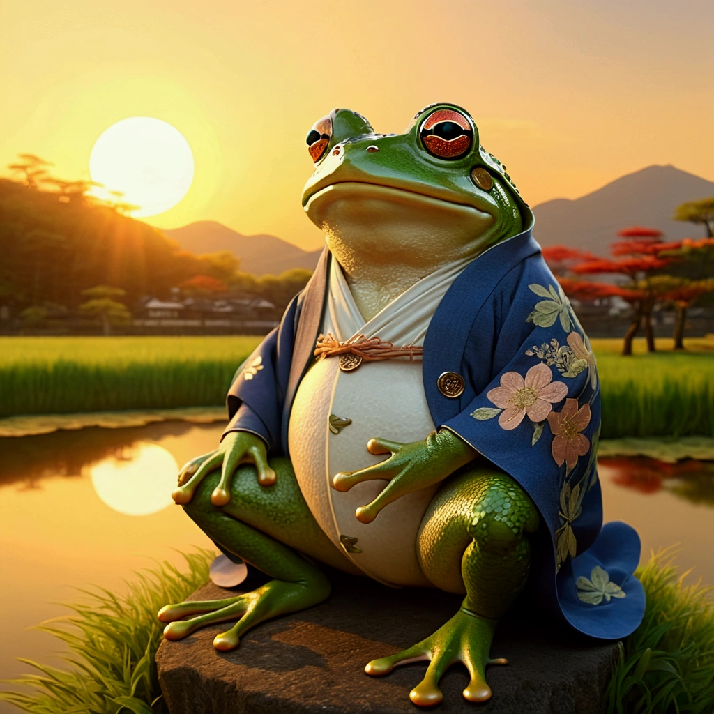 Studio Ghibli style. Frog wearing clothes from feudal Japan. ao por do sol