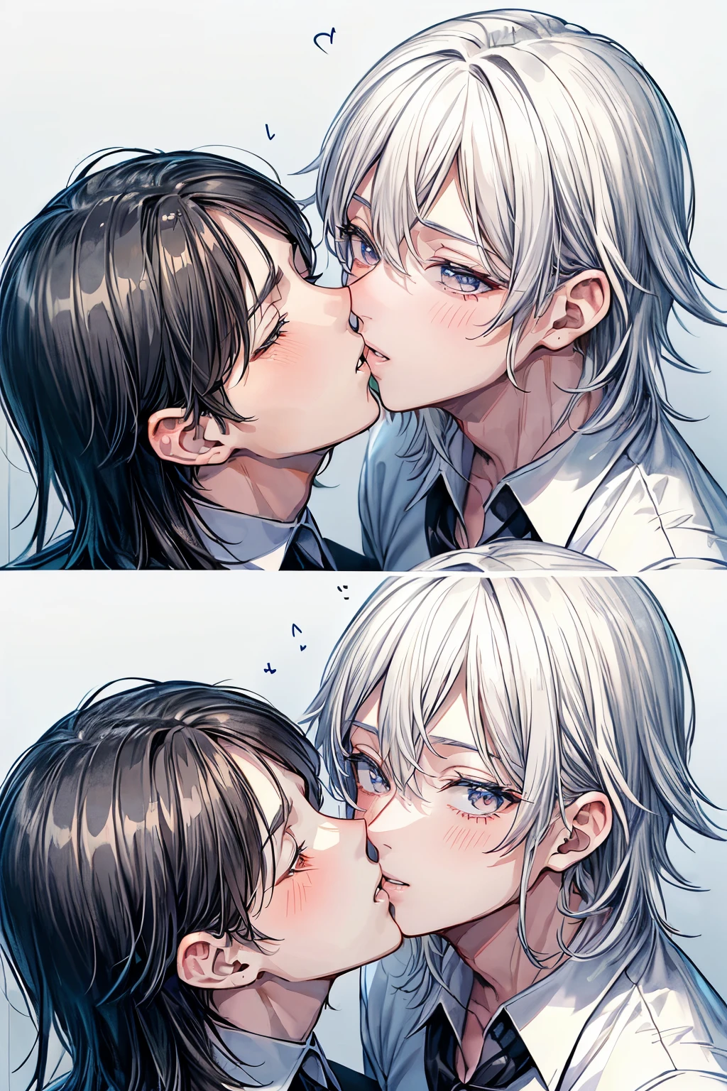 (Mastepiece), (Best Quality), Very detailed, ((Two men kissing on the cheek)), Perfect Face, Beautiful Face, Very detailed顔，(One black-haired man:1.3)，(One white-haired man:1.3)，shirt、smile