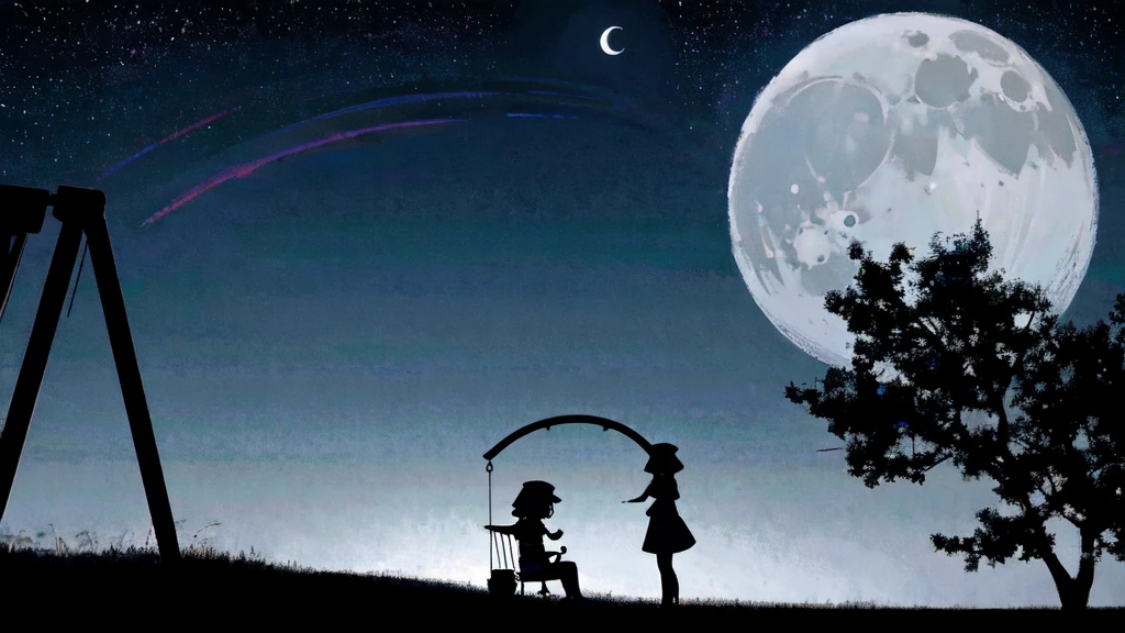 Eerie Illustration.
Make a night view of a park on a star-filled night.
A girl with long, straight hair sits on a swing in the corner of the screen, silhouetted against a large crescent moon.
There is other playground equipment.
The mood should be mysterious, with elements of serenity and eeriness mixed in.
A little horror.
