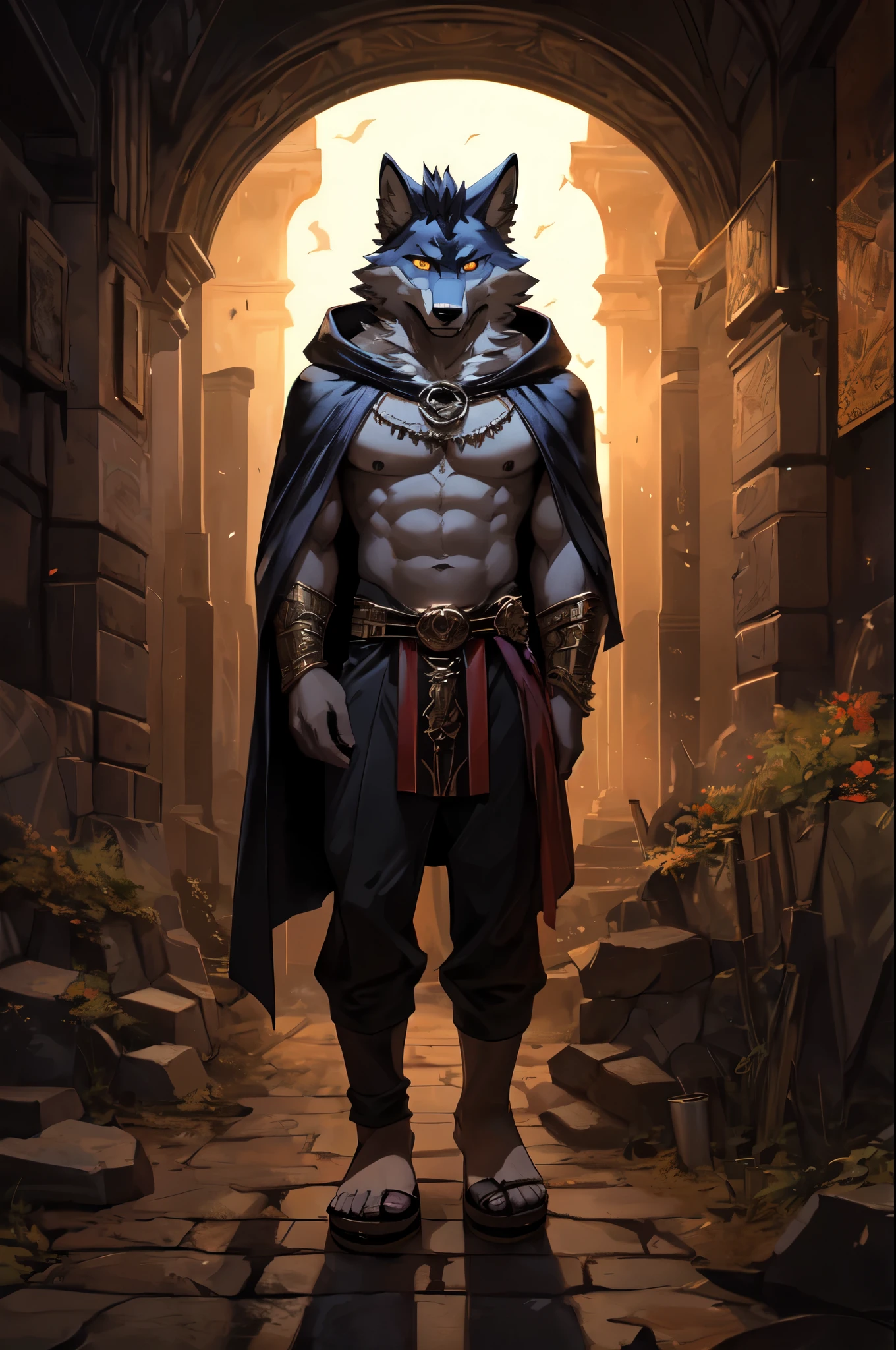 (((Barefoot furry character, full body, cinematic setting, furry male, plantigrade))), (((wearing sandals)))
(((Hades))) - (((God of the Underworld))) depicted as a mysterious (((wolf))) anthro with charcoal-gray fur and glowing amber eyes. He wears a dark hooded cloak that billows around him. Hades sits barefoot amidst eerie mist and shadows, with spectral forms and ghostly apparitions in the background. Symbols of the underworld like skeletal remains and obsidian pillars surround him. Cerberus, the three-headed dog, is at his side.
BREAK, detailed background, 8K, (masterpiece:1.5), intricate details, highly detailed, extreme detail, octane render, fine art, best quality, highres, (detailed face:1.5), ((full_body)), UHD, (((perfect hands))), (((perfect feet))), low light
