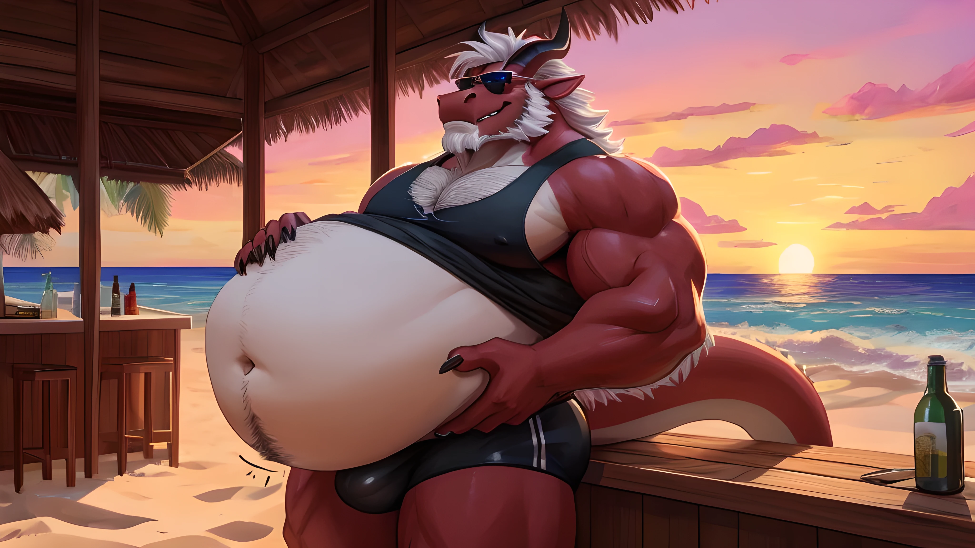 Anthro dragon with red fur and a beige underbelly, white mane, very big and thick white beard, old, chest hair, orange eyes, black horns and claws, large, not muscular, overweight, chubby, fat, navel, big belly, belly, giant belly, bloated belly, bulging belly, vore, gurgling belly, digesting, green gurgle lines around belly. Lazy, dad, daddy, dilf, bara, adult, aroused. Standing up, holding belly, smirking, showing off gut. Wearing white tank top, black underwear with bulge, sunglasses, dragon tail. Sunset, beach, tropical, bar.