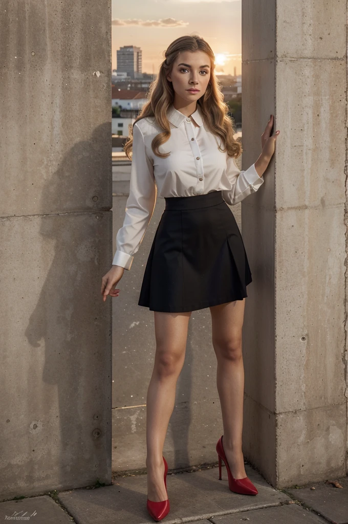 monochrome photograph:1.2, Ultra-realistic capture, Highly detailed, High resolution 16k close-up of human skin. Skin texture must be natural, With such detail that pores can be finely identified. Skin should look healthy, In a uniform tone. Use natural light and color, beautiful girl, Full Body Shot, finger waves, ash blonde hair, Check circular skirt, Check Blouse, Retro makeup, red stiletto (heels), Sunset, stand against the wall, European, HDR, UHD