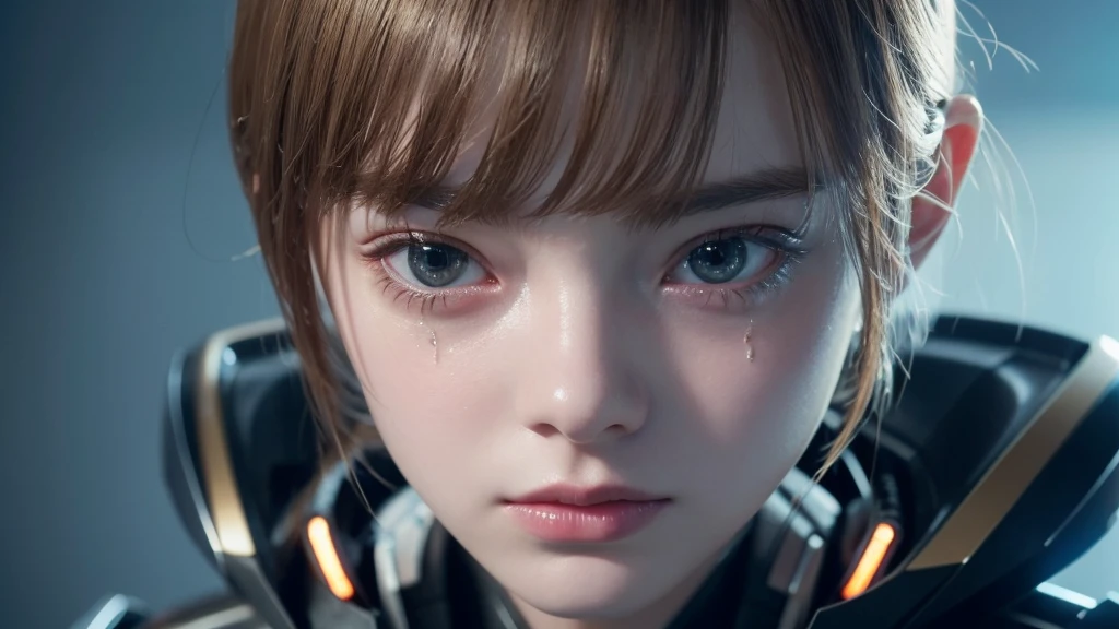 Close-up of a person wearing a robot head, A mix of anime robots and organic matter, Robot wearing a human mask, Elle Fanning as an Android, Integrated synthetic android, Detailed face of android, Robot with a human face, Best AI Images, Cool Cyborg movie stills, beautiful crying! Android Woman, Cyborg - Girl, Perfect android girl、Realistic images、Hollywood Movies、Kind Face、4K、Detailed Details、Detailed images、cute and cute android