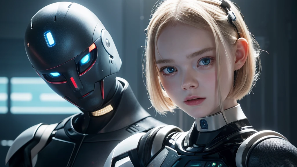 Close-up of a person wearing a robot head, A mix of anime robots and organic matter, Robot wearing a human mask, Elle Fanning as an Android, Integrated synthetic android, Detailed face of android, Robot with a human face, Best AI Images, Cool Cyborg movie stills, beautiful crying! Android Woman, Cyborg - Girl, Perfect android girl、Realistic images、Hollywood Movies、Kind Face、4K、Detailed Details、Detailed images、cute and cute android