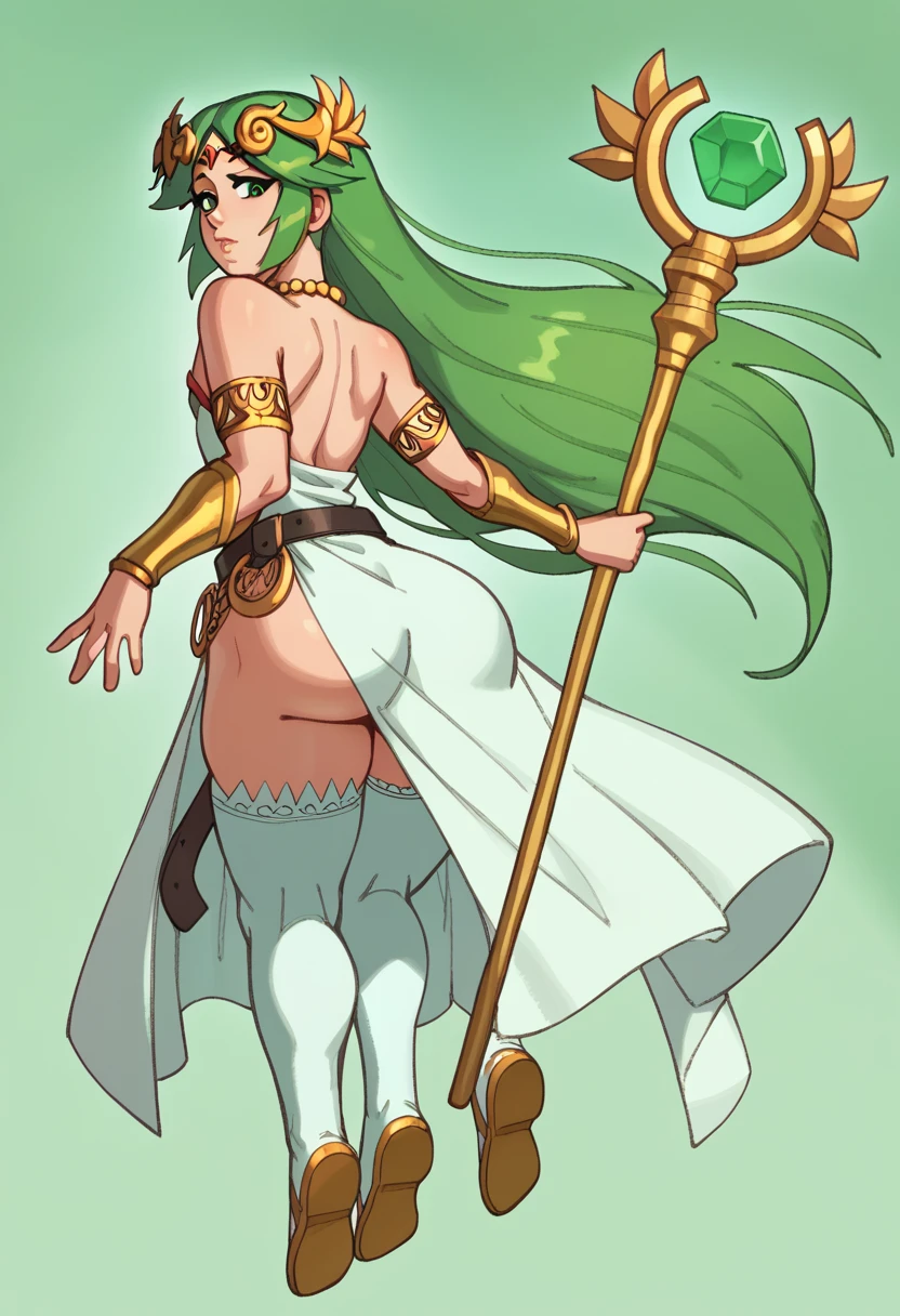 (masterpiece, best quality:1.3), Rizdraws, Thin Lineart, male, solo, looking at viewer, flat chest, feminine male, green hair, full body, :o, necklace, bare shoulders, strapless dress, vambraces, belt, white dress, white thighhighs, single thighhigh, holding staff, palutena, parted bangs, tiara, wide butt, from behind