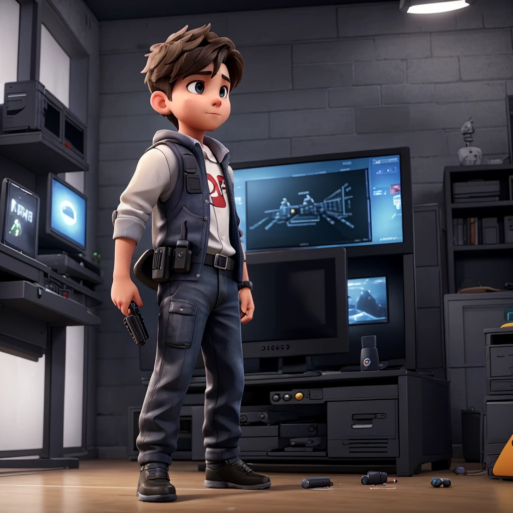 a boy playing a shooting video game on computer and mobile phone, highly detailed, 8k, ultra-detailed, realistic, photorealistic, focused, sharp, high quality, hyper detailed, intense lighting, cinematic, dramatic, moody, dynamic, intense action, immersive, strong contrast, vivid colors