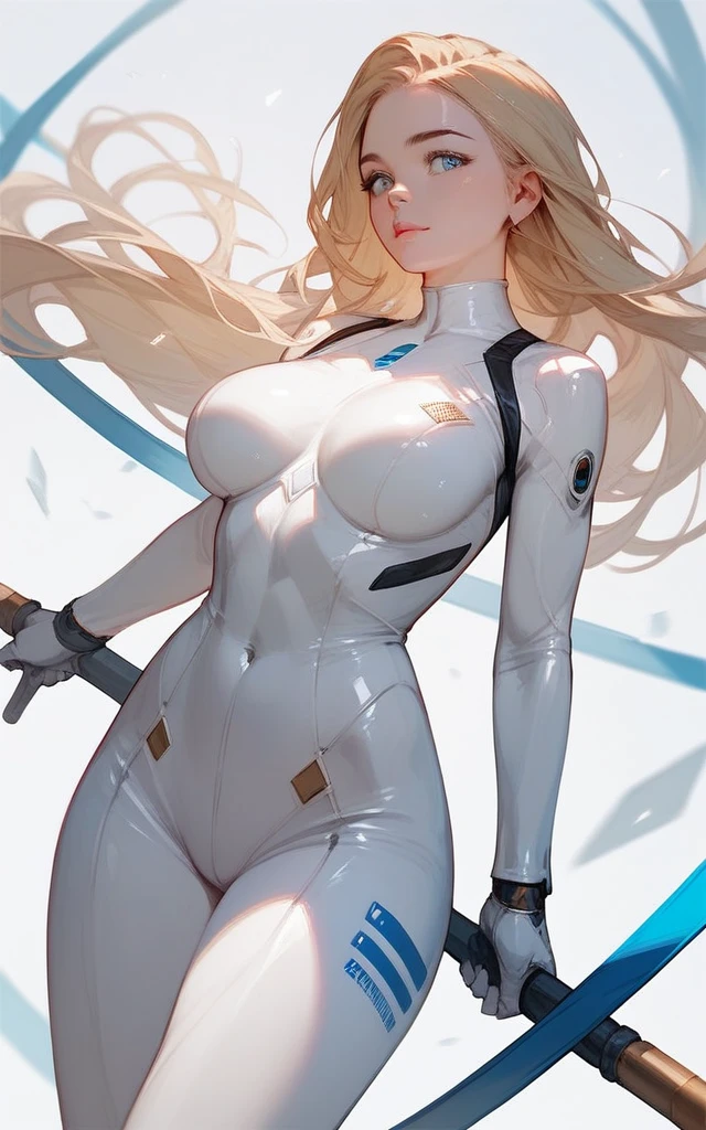 girl, white bodysuit, blonde, blue eyes, Hyper Realistic, masterpiece