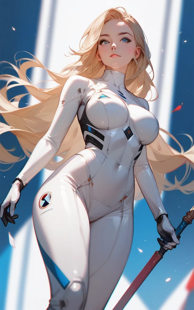 girl, white bodysuit, blonde, blue eyes, Hyper Realistic, masterpiece