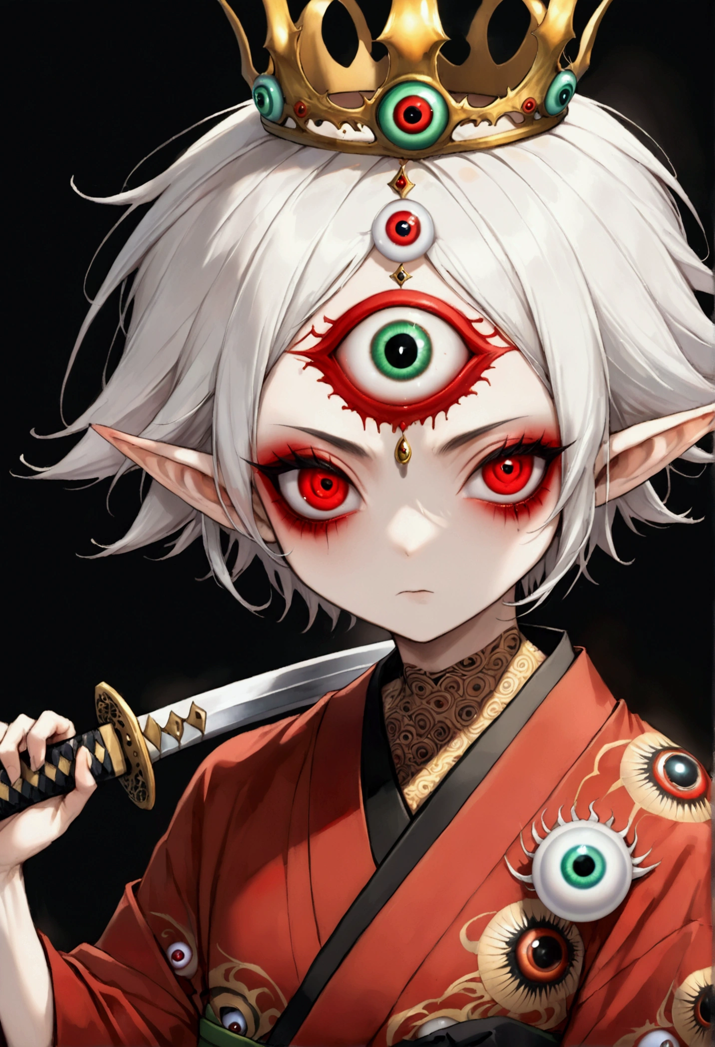 Japanese Anime,Second Dimension,Horror style,horror character,(((Three-eyed boy,third eye on the forehead:1.1.Dark eyeshadow,White short hair,Elf ears,Exaggerated golden crown-eyeball decoration))),(((Gorgeous Japanese red kimono,Eye pattern,Dark Pattern))).(((Thin waist,Green belt:1.6))).(((Katana in hand))),(style of santiago caruso,Tattoo on the neck),Black background blur