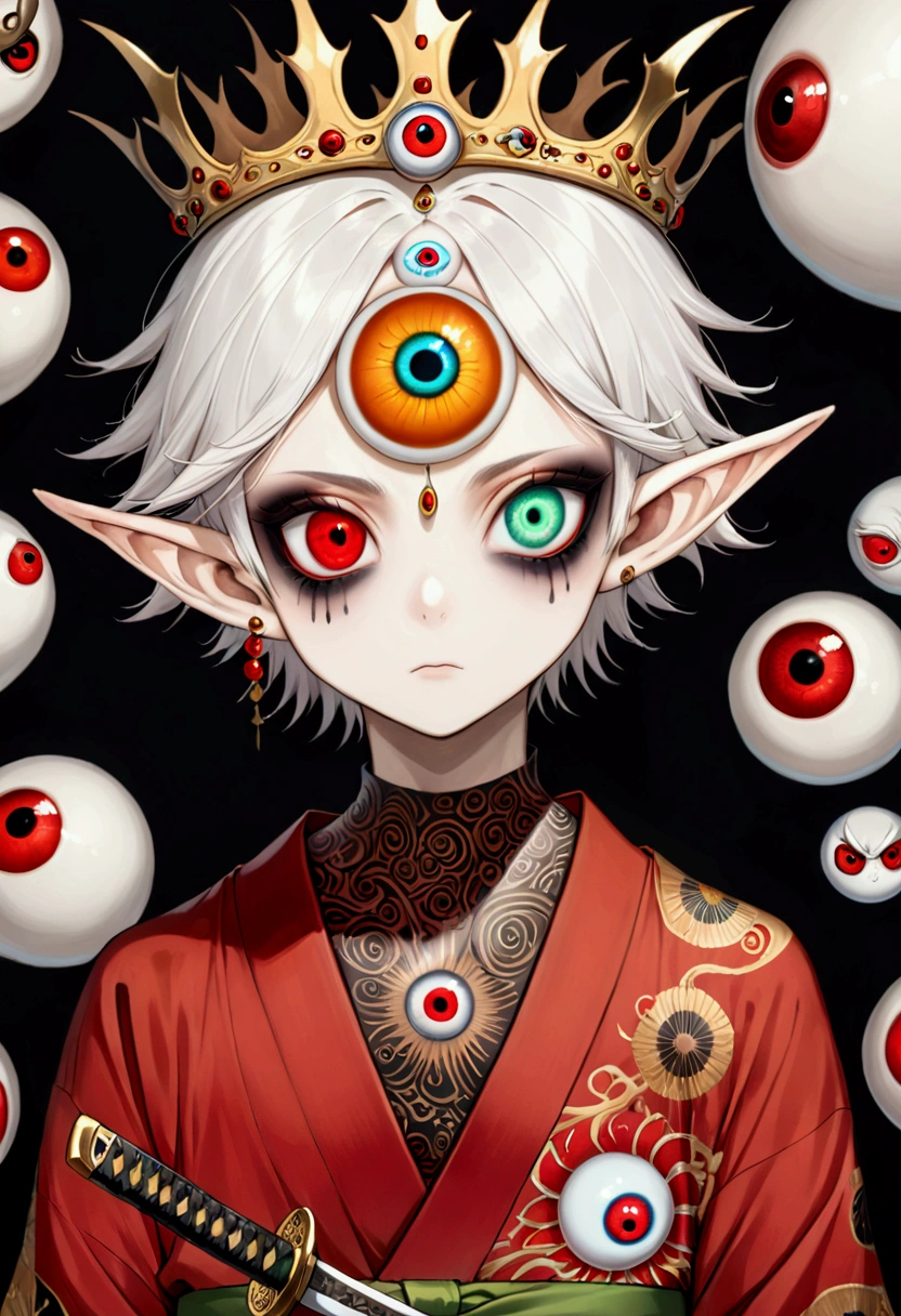 Japanese Anime，Second Dimension，Horror style，horror character，(((Three-eyed boy，third eye on the forehead:1.1.Dark eyeshadow，White short hair，Elf ears，Exaggerated golden crown-eyeball decoration))),(((Gorgeous Japanese red kimono，Eye pattern，Dark Pattern))).(((Thin waist，Green belt：1.6))).(((Katana in hand)))，(style of santiago caruso,Tattoo on the neck)，Black background blur
