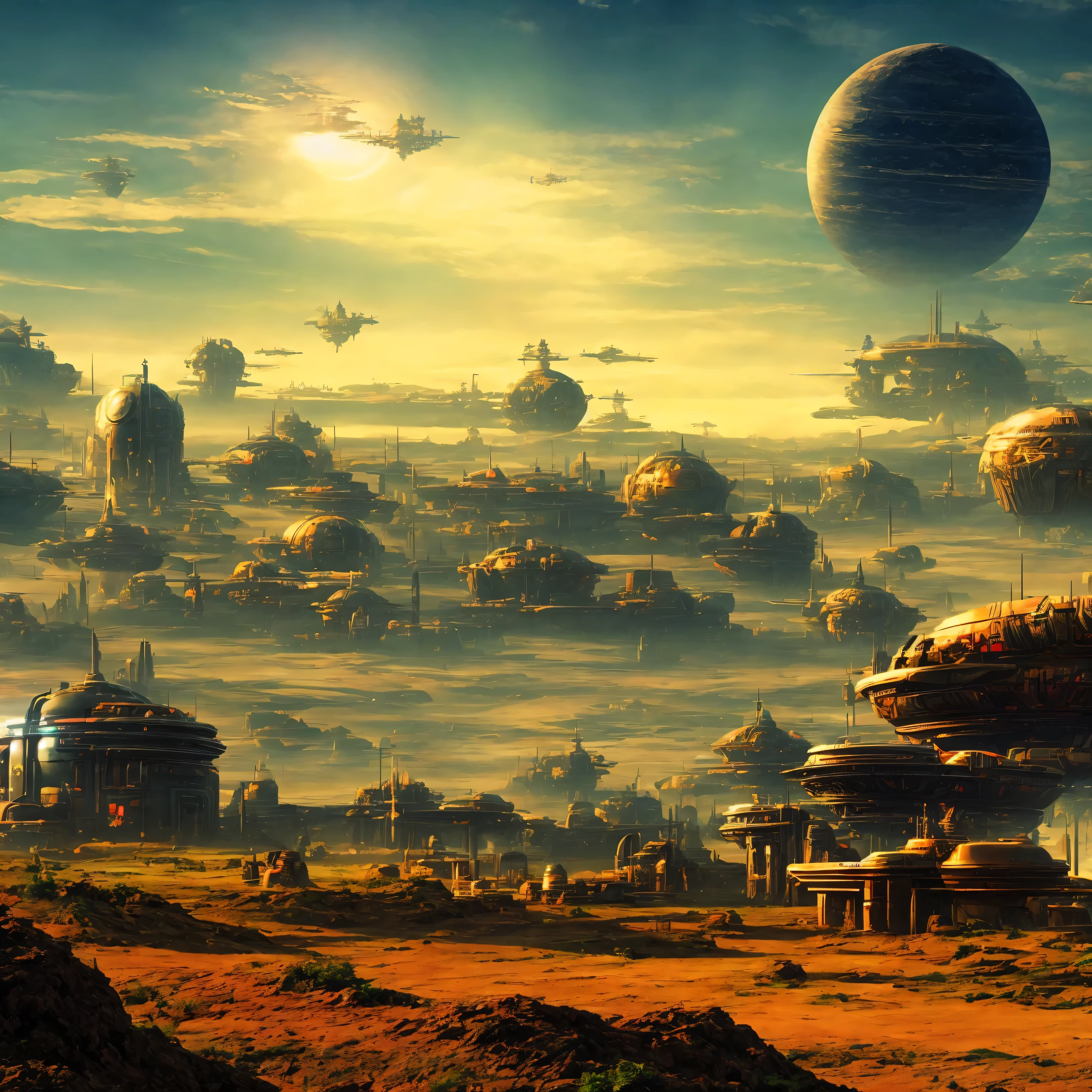 a retrofuturistic farm with crops and buildings in a distant planet in retrofuturist peter elson style