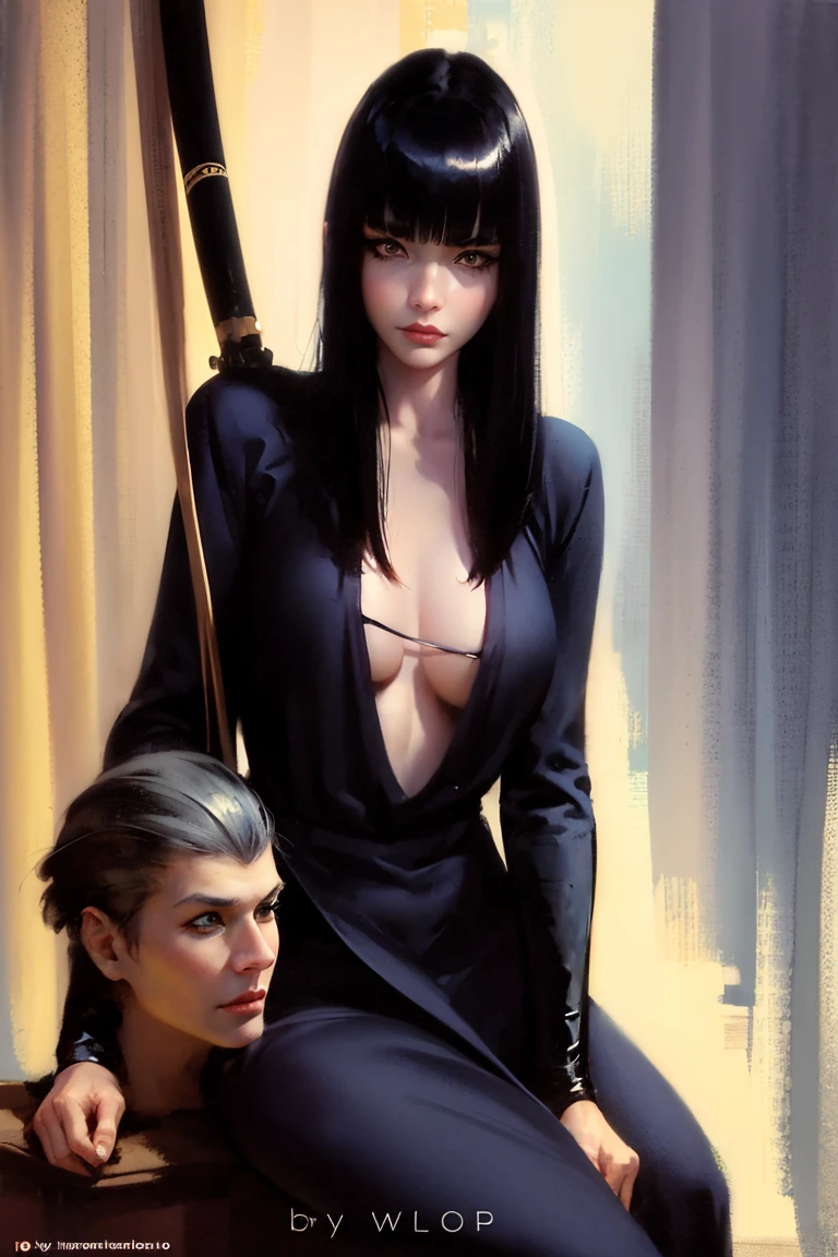 Character art of a woman, grey eyes, black hime-cut hair, lovely, 8k resolution art, accurate features, lovely, art of Michael Carson, Mead Schaeffer, James Abbott McNeill Whistler, Jeff Lemire, Jessie Willcox Smith, John Lavery, Joseph Lorusso, Kelly Mckernan