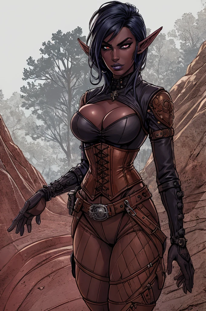 A butch henchwoman, leather corset, steampunk outfit, cowboy style, dark elf with colored skin, highly detailed, realistic, photorealistic, 8K, HDR, ultra-detailed, sharp focus, professional lighting, dramatic lighting, cinematic, moody, dark, gritty, intense, powerful, imposing, menacing, drow, hyper realistic, masterpiece