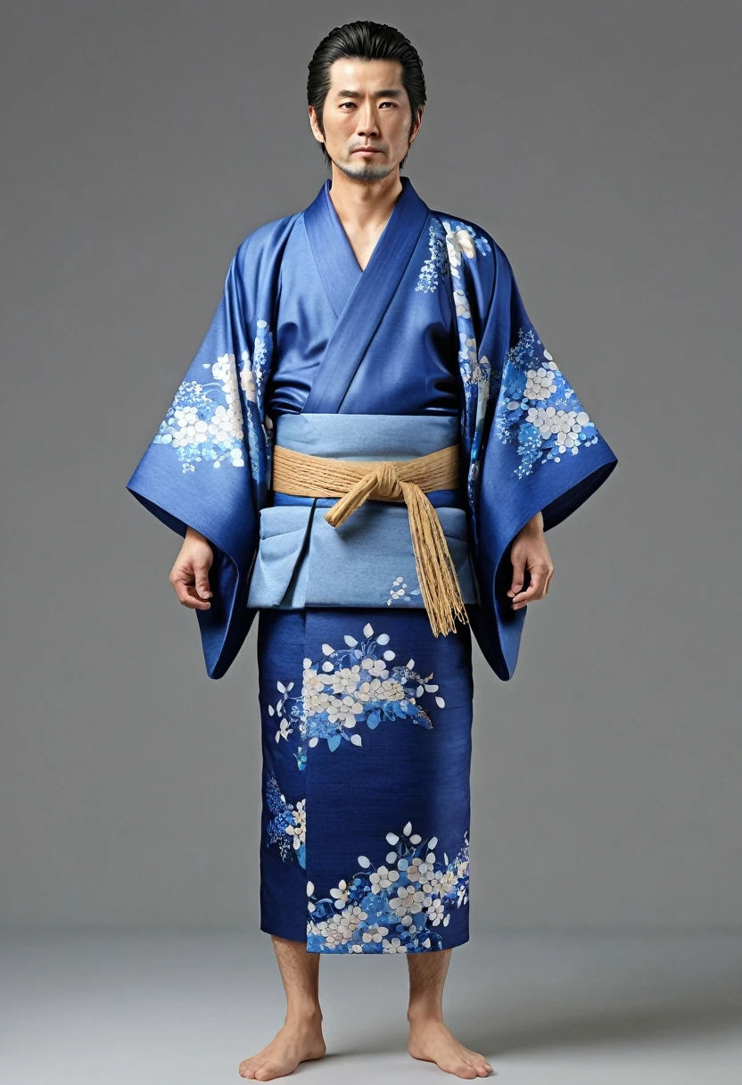 Japanese man in blue kimono、whole body、Standing posture、Ultra-realistic、30age、high resolution、masterpiece