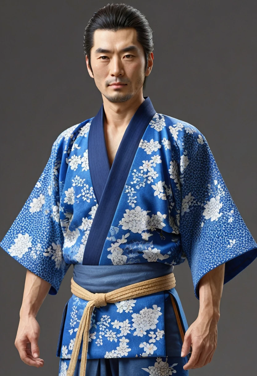 Japanese man in blue kimono、whole body、Standing posture、Ultra-realistic、30age、high resolution、masterpiece