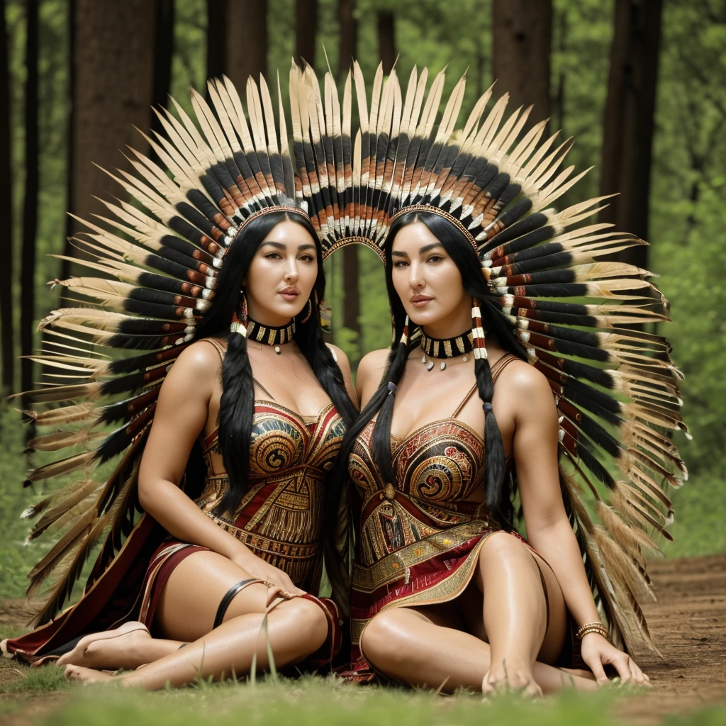 Monica Bellucci beautiful woman wearing a Native American dress sitting in the forest with her dogs, native American, Native American Warriors, Native American Warriors, American Indian headdress, Indian warrior, Head dress, Wearing a Native American choker, Native American Art, Indigenous, feather native American headgear, Central headdress, : Native American Shamen Fantasy, Native Rich Jewelry, Tribal clothing