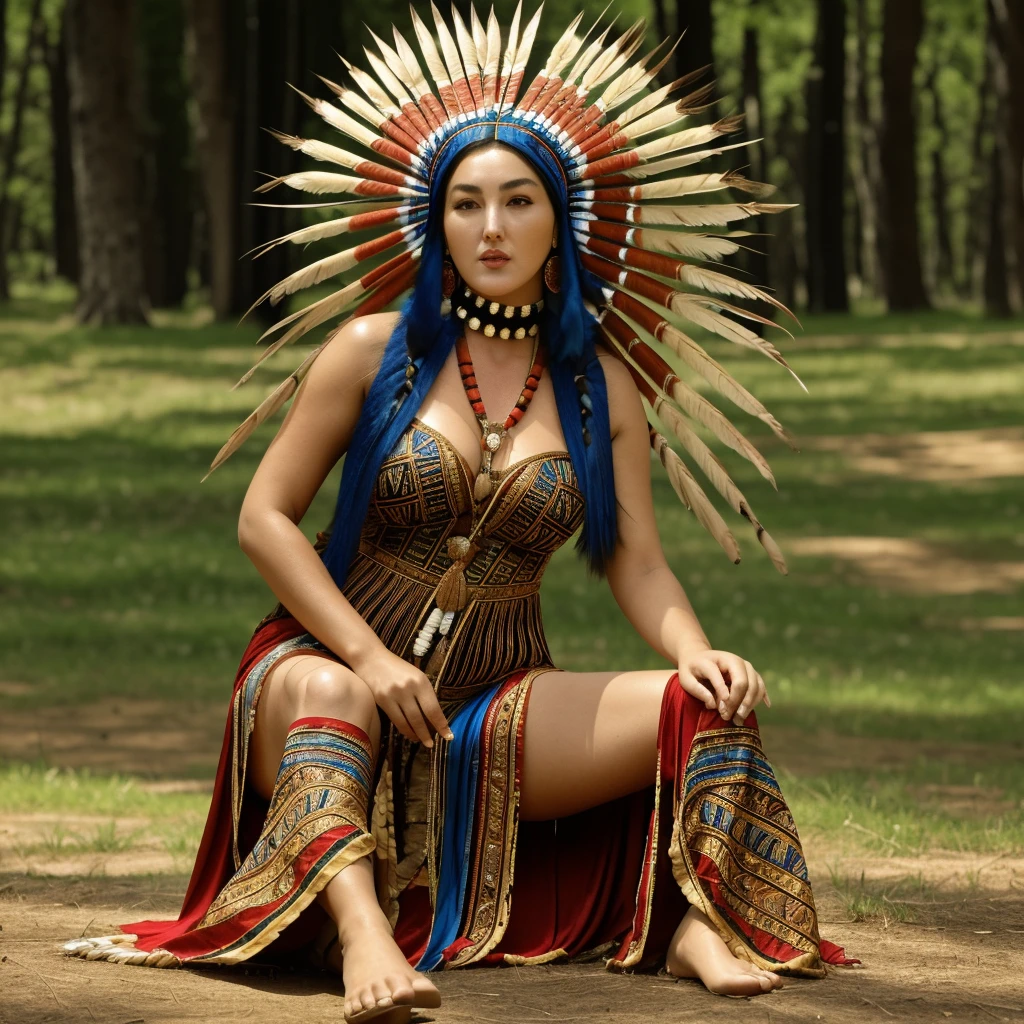 Monica Bellucci beautiful woman wearing a Native American dress sitting in the forest with her dogs, native American, Native American Warriors, Native American Warriors, American Indian headdress, Indian warrior, Head dress, Wearing a Native American choker, Native American Art, Indigenous, feather native American headgear, Central headdress, : Native American Shamen Fantasy, Native Rich Jewelry, Tribal clothing