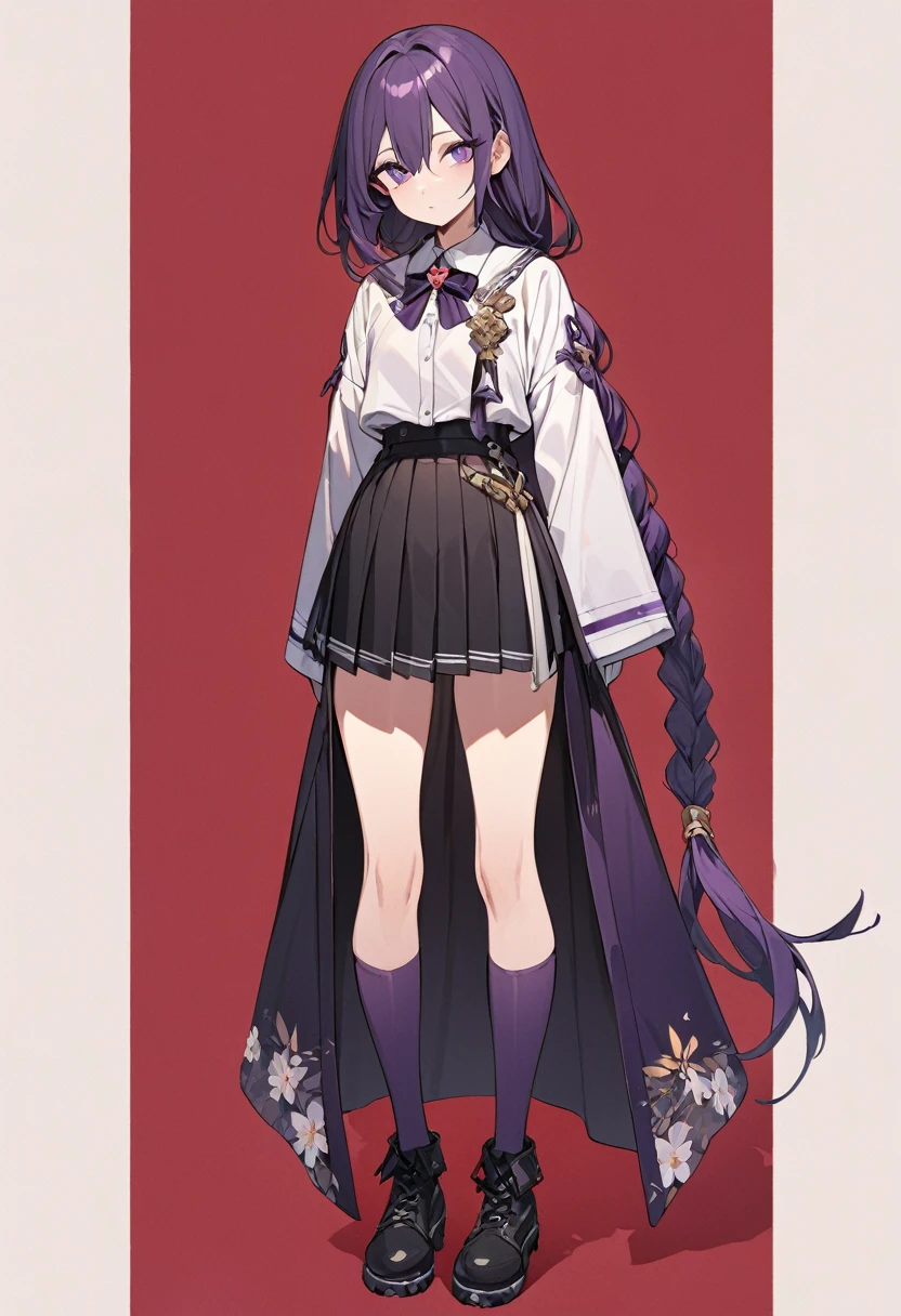 masterpiece, (bestquality), highlydetailed, cold, calm, gentle, expressionless, solo, ((detailed eyes)), (ung woman), dark purple hair, very long single braid, bright purple eyes, (white collared shirt with white furisode sleeves), thin red bow tie under the collar, (diamond-shaped pin on the front of the bow), (black high-waisted pleated skirt), dark purple high socks, black ankle boots, (simple earthy red background), ((empty background)), full body, standing