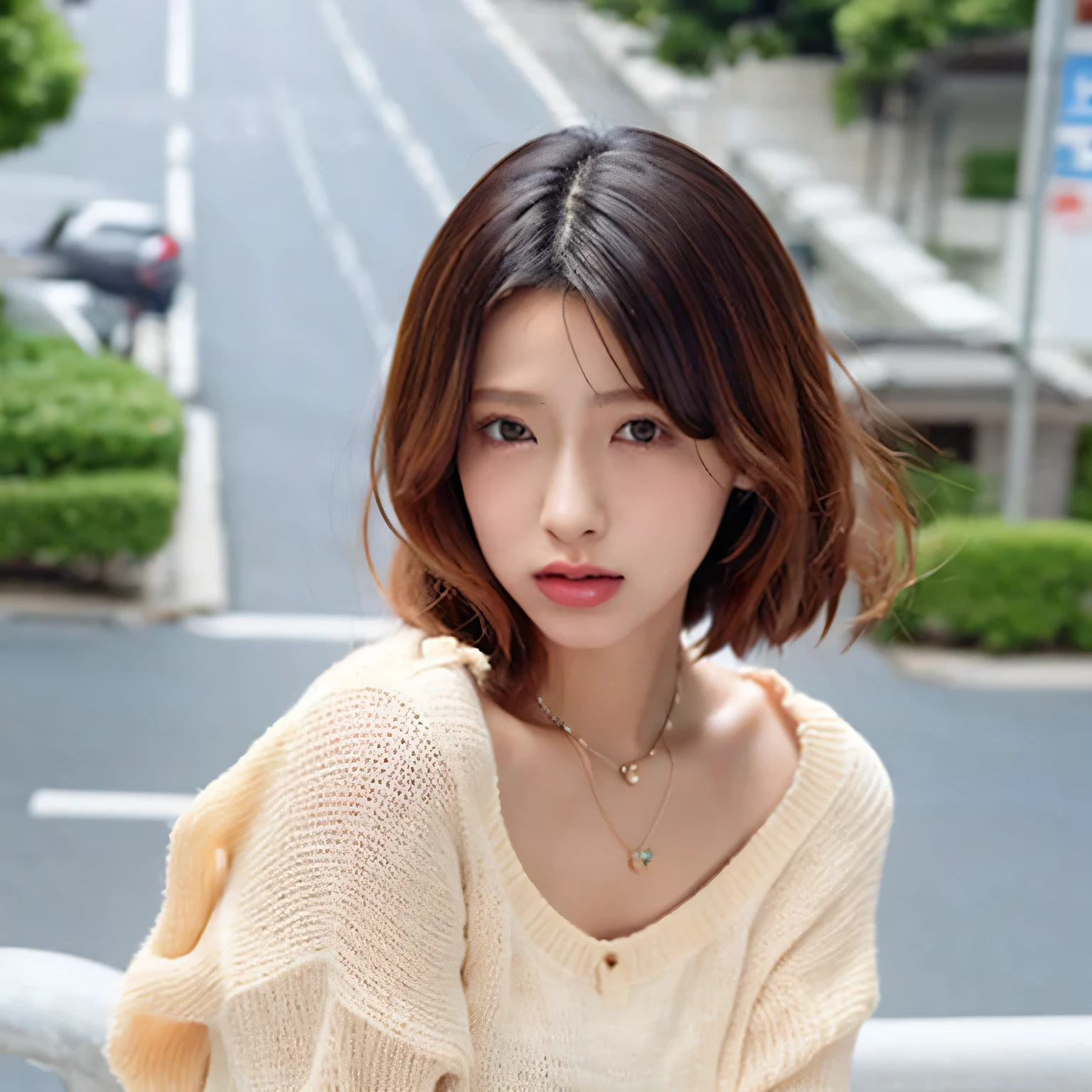 (Highest quality, 8k, 32k, masterpiece, Ultra-high resolution:1.2),Beautiful Japanese Women Photos, Large Breasts, Short Bob Hair,Upper Body,Face Focus,Extra Large_sweater, necklace, Outdoor Background, From above, View your viewers,