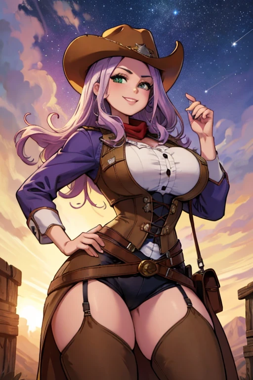 Perfect face. Perfect hands. A light purple haired cowgirl with green eyes and an hourglass figure in a conservative cowgirl outfit is  watching the stars in a wild west town with a big smile