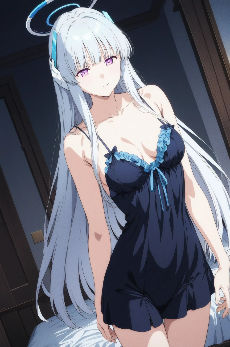 best quality, amazing quality, very aesthetic, absurdres, (1girl, noa, blue archive, solo, purpel eyes, white hair, medium breasts), (realistic face:0.9),(negligee long:1.8), (smile, night, thigh:1.3), (cowboy shot), (glowing eyes), (half closed eyes:0.9), (), (official art:1.3), (high angle), expressive eyes, perfect face, 4k, extremely detailed anime illustration, extremely detailed eyes, perfect anatomy, light rays, extremely delicate body, smooth skin, (bedroom background:1.5), clear eyes, beautiful face, looking away,(anime style:1.7), (dark Light:1.5), (highres:2),