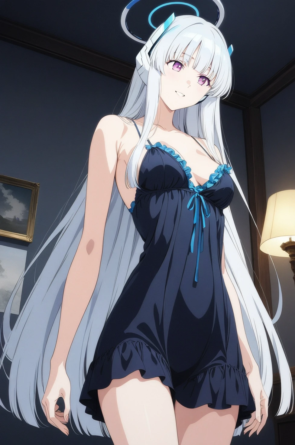 best quality, amazing quality, very aesthetic, absurdres, (1girl, noa, blue archive, solo, purpel eyes, white hair, medium breasts), (realistic face:0.9),(negligee long:1.8), (smile, night, thigh:1.3), (cowboy shot), (glowing eyes), (half closed eyes:0.9), (), (official art:1.3), (high angle), expressive eyes, perfect face, 4k, extremely detailed anime illustration, extremely detailed eyes, perfect anatomy, light rays, extremely delicate body, smooth skin, (bedroom background:1.5), clear eyes, beautiful face, looking away,(anime style:1.7), (dark Light:1.5), (highres:2),
