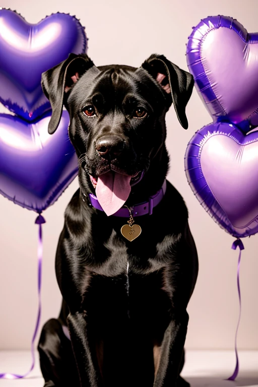 drawing of a black pitbull dog, Grinning, holding a lilac heart-shaped balloon with “forever” written on it