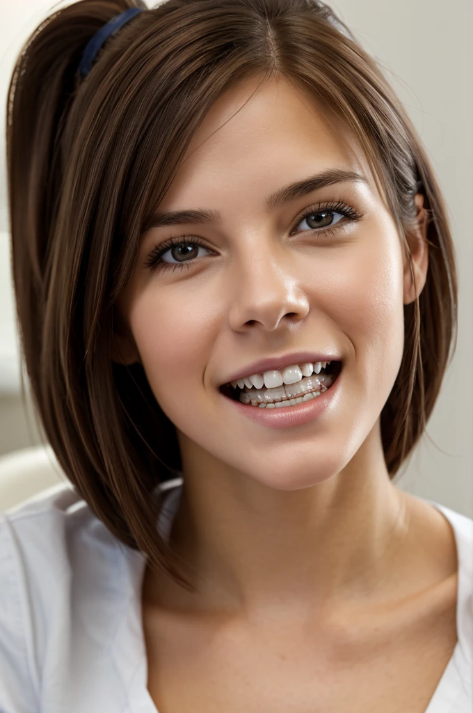 a 20 year old woman with mid length brown hair, sitting in a dentist chair, getting her teeth cleaned, detailed portrait, realistic, open mouth, dentist office, high quality, photorealistic, 8k, hyper detailed, intricate details, cinematic lighting, warm lighting, clean white background