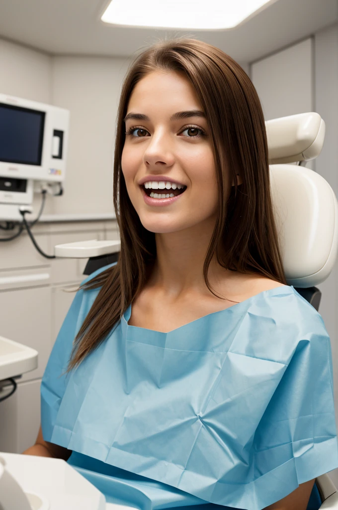 a 20 year old woman with mid length brown hair, sitting in a dentist chair, getting her teeth cleaned, detailed portrait, realistic, open mouth, dentist office, high quality, photorealistic, 8k, hyper detailed, intricate details, cinematic lighting, warm lighting, clean white background