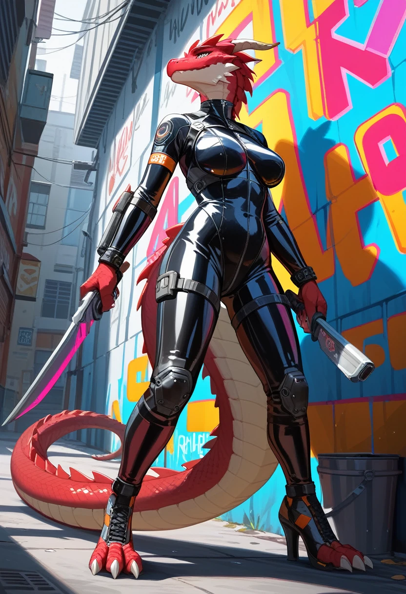 Highest quality, Highest quality, High quality illustrations, masterpiece, Ultra-high resolution, Detailed Background, Alley, Graffiti art on the wall, Absurd, Perfect Anatomy, performance, Good lighting, Shadows in the movies(kemono, Furry Personifi猫ion), Lizardman, Long dragon tail, Redskin, Rubber Suit, latex, Neon color, Bodysuits, Cyber Suit, Mech Suit, cyber punk, Holding a blade, Dynamic Angle