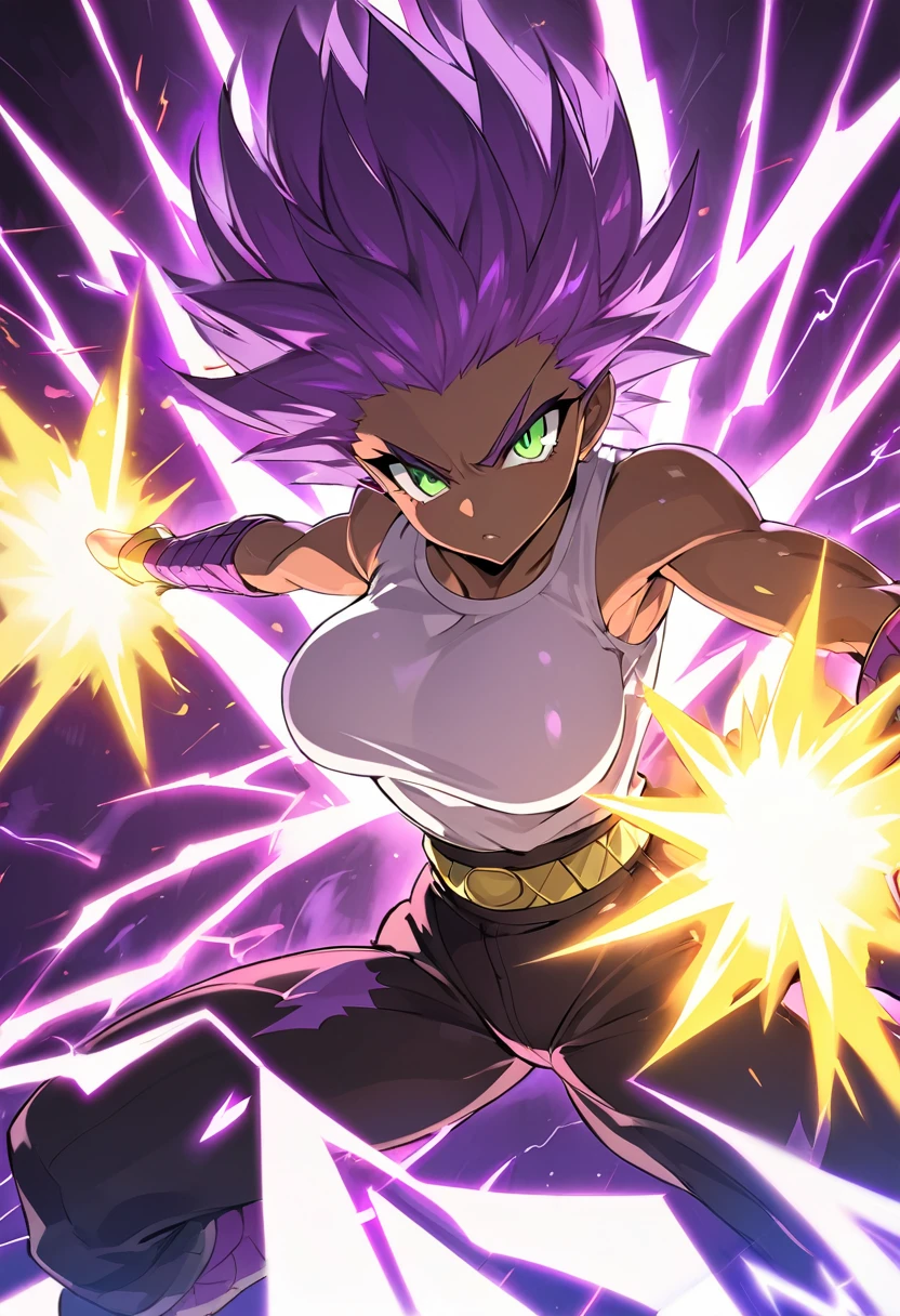 girl, alone, Saiyan, spiky purple hair, green eyes, defined muscles, thin waist, wide hips, dark skin, medium breasts, white t-shirt, black pants, super saiyan, lightning around, purple lightning, purple lightning around, energy around, ki energy, purple energy, god of destruction (super dragon ball style), she is generating enormous purple energy with her two hands to attack her opponent