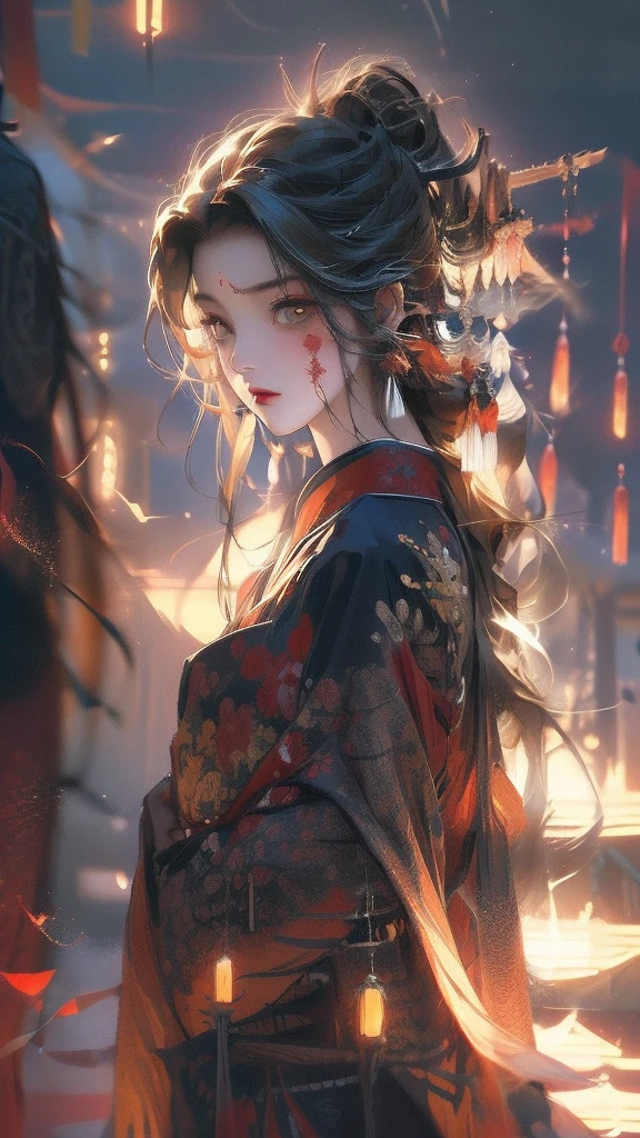 (Top resolution、Distinct_image)top-quality、A Japanese dragon girl 、masterpiece、highly detailed, half body, Semi-realistic、yellow eyes 、18year old, black hair,young 、Exquisite facial features、Facial features ,variation potrait, long hairstyles, teenage, cool , cold sharp eyes, An expression of despair., lifeless eyes, blood on face, , {Very detailed 8k CG unit wallpaper}, Handsome, solo, female, vampires, dark cloak , loyalty ,Japanese kimono, have dragon horns,
Sword, detailed eyes, beautiful eyes
