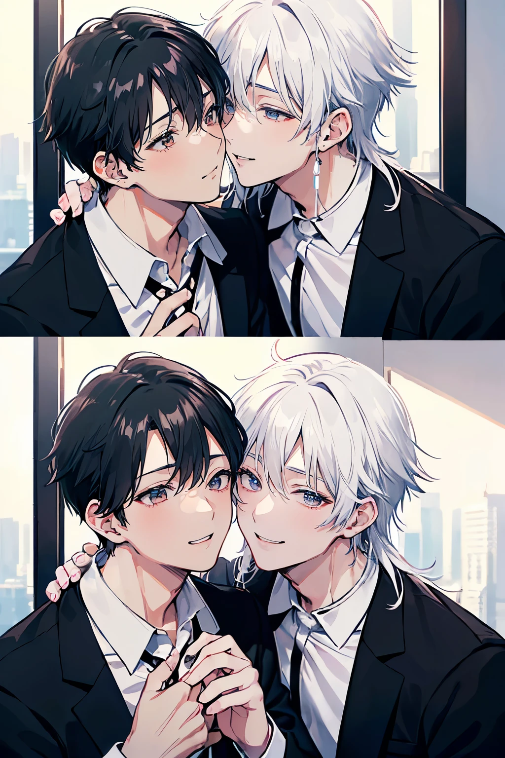 (Mastepiece), (Best Quality), Very detailed, ((Two men kissing on the cheek)), Perfect Face, Beautiful Face, Very detailed顔，(One black-haired man:1.3)，(One white-haired man:1.3)，shirt、smile