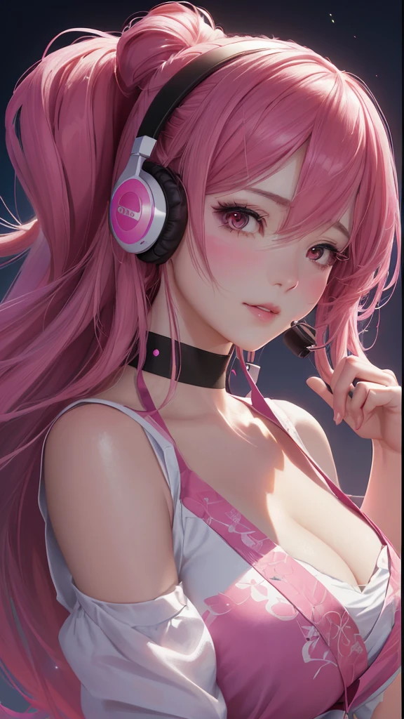 arafed woman with headphones and a pink dress posing for a picture, artwork in the style of guweiz, trending on cgstation, anime style. 8k, 8k high quality detailed art, photorealistic anime girl render, smooth anime cg art, anime style 4 k, detailed digital anime art, 3 d anime realistic, digital anime art, guweiz