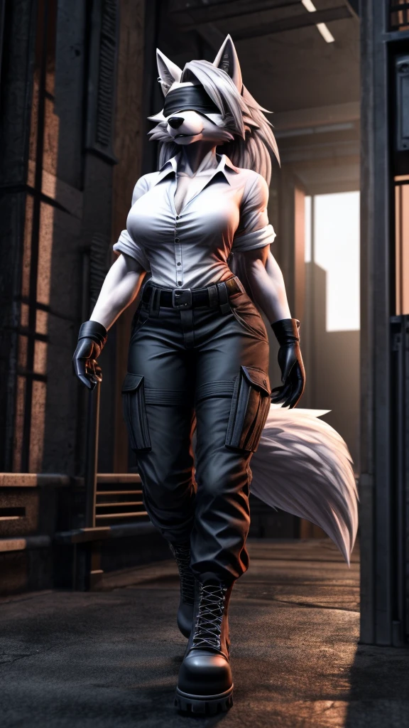 Loona from Helluva Boss, female wolf, anthro, mature adult, white soft hair, blindfold, tall, muscular, white shirt, black cargo pants, black boots, white tactical gloves, solo, beautiful, high quality, 4K