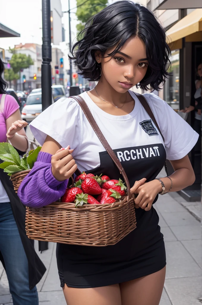 Roblox/Bblack hair/Caucasian skin/with strawberry basket in hand/purple brusa with black/short preto