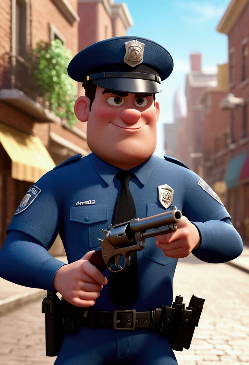 Police cartoon character exchanging gunfire with criminals, Day Light, busy street , stylized character, animation style rendering, 3d stylized, Arnold Maya render, 3 d render stylized, toon render keyshot, 3d character, 3d character, 3d rendering stylized, 3 d character render, cartoon character, Personagem de close up, character posing, (Pixar-style) (master part:1.2) (bokeh) (best quality) (skin detailed) (detailed texture) (8k) (Argilla) (Cinematic lighting) (sharp focus,Sit down and lift your upper body