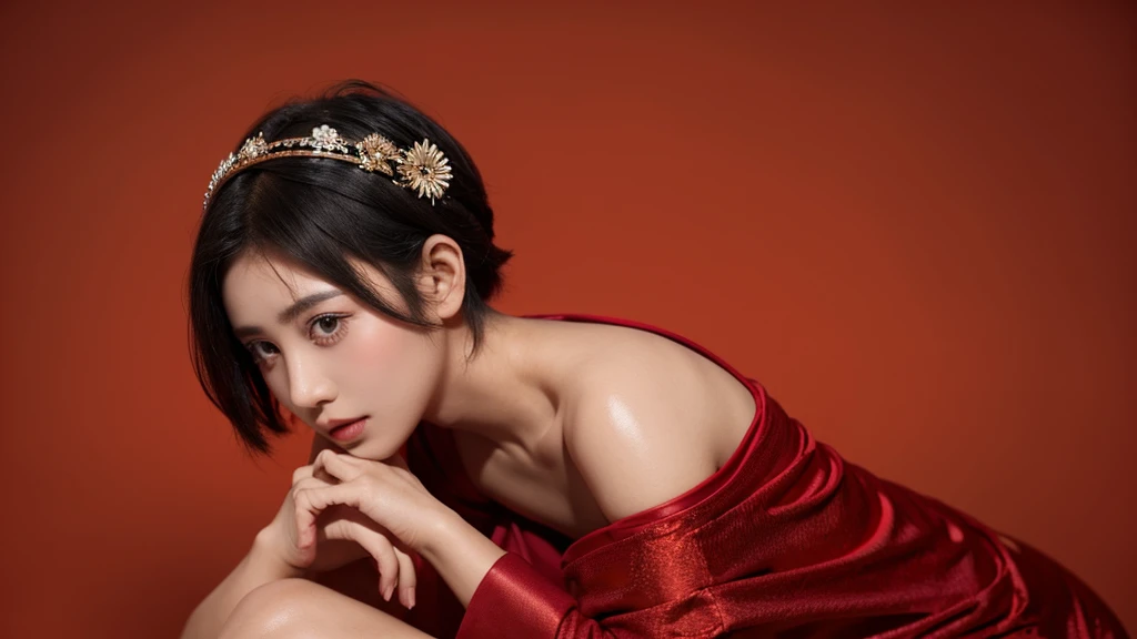21 yo girl, black hair, (short hair). Bali traditional style, Red Background